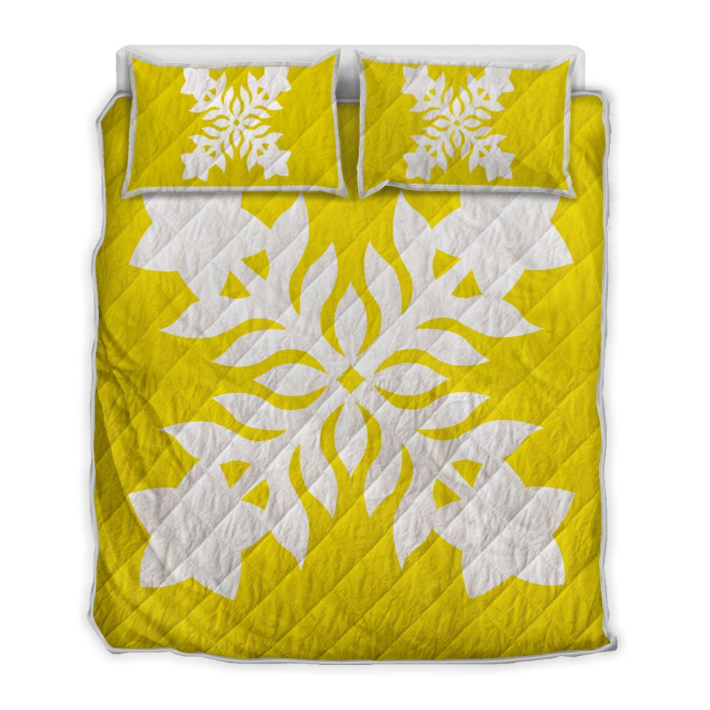 Hawaiian Royal Pattern Quilt Bed Set - Yellow - E2 Style - AH Yellow - Polynesian Pride