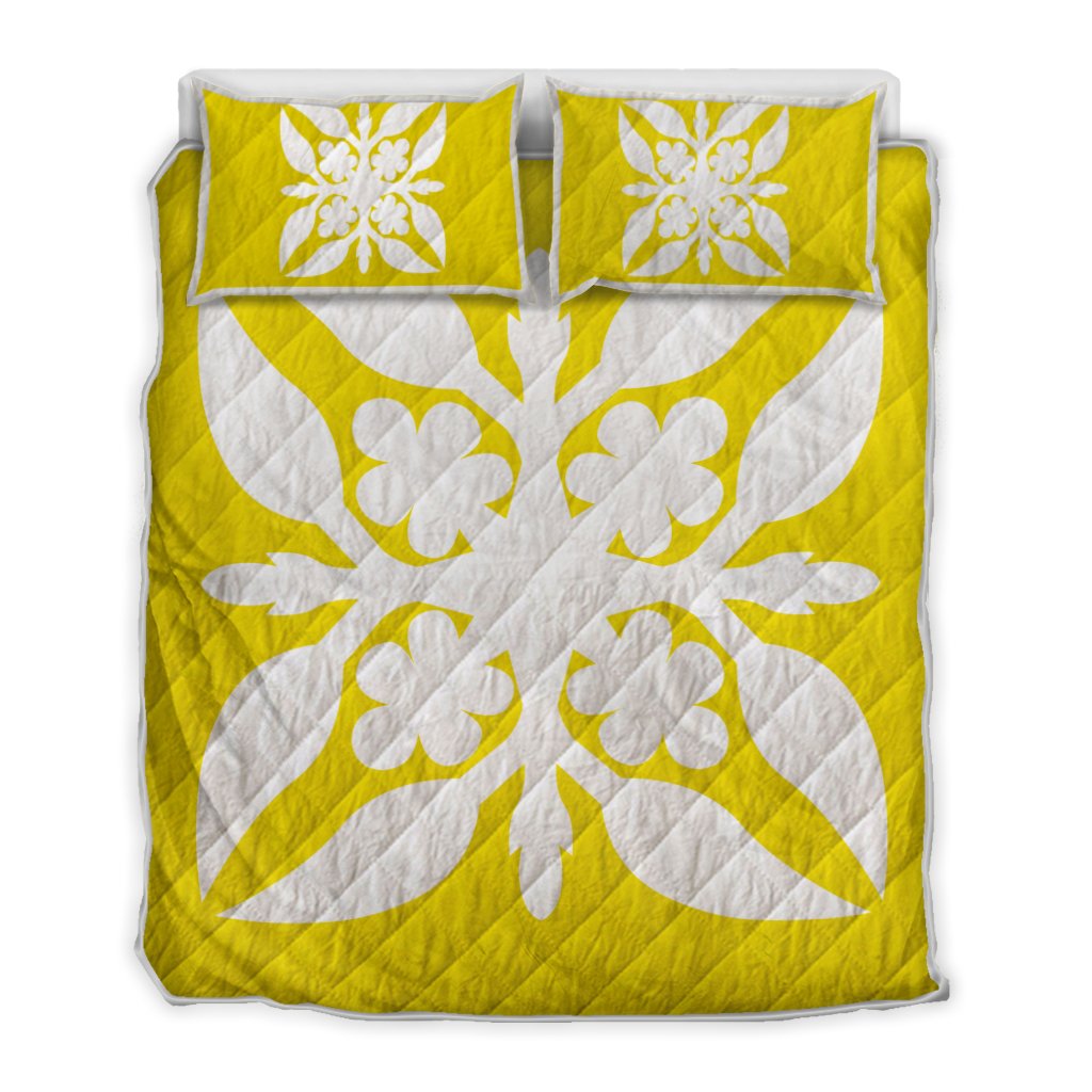 Hawaiian Royal Pattern Quilt Bed Set - Yellow - G1 Style - AH Yellow - Polynesian Pride