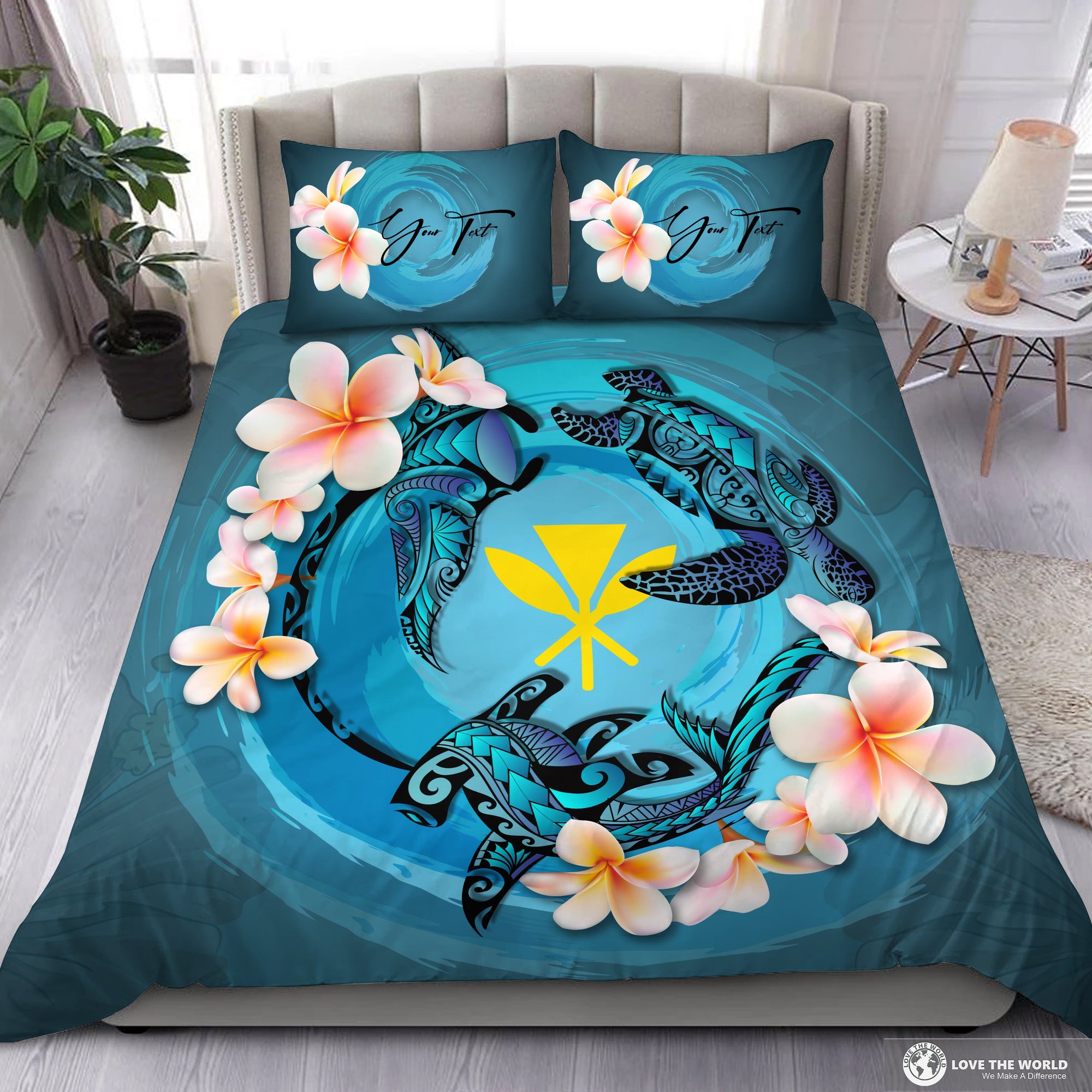 (Custom) Hawaii Bedding Set, Blue Plumeria Animal Turtle Tattoo Personal Signature Blue - Polynesian Pride