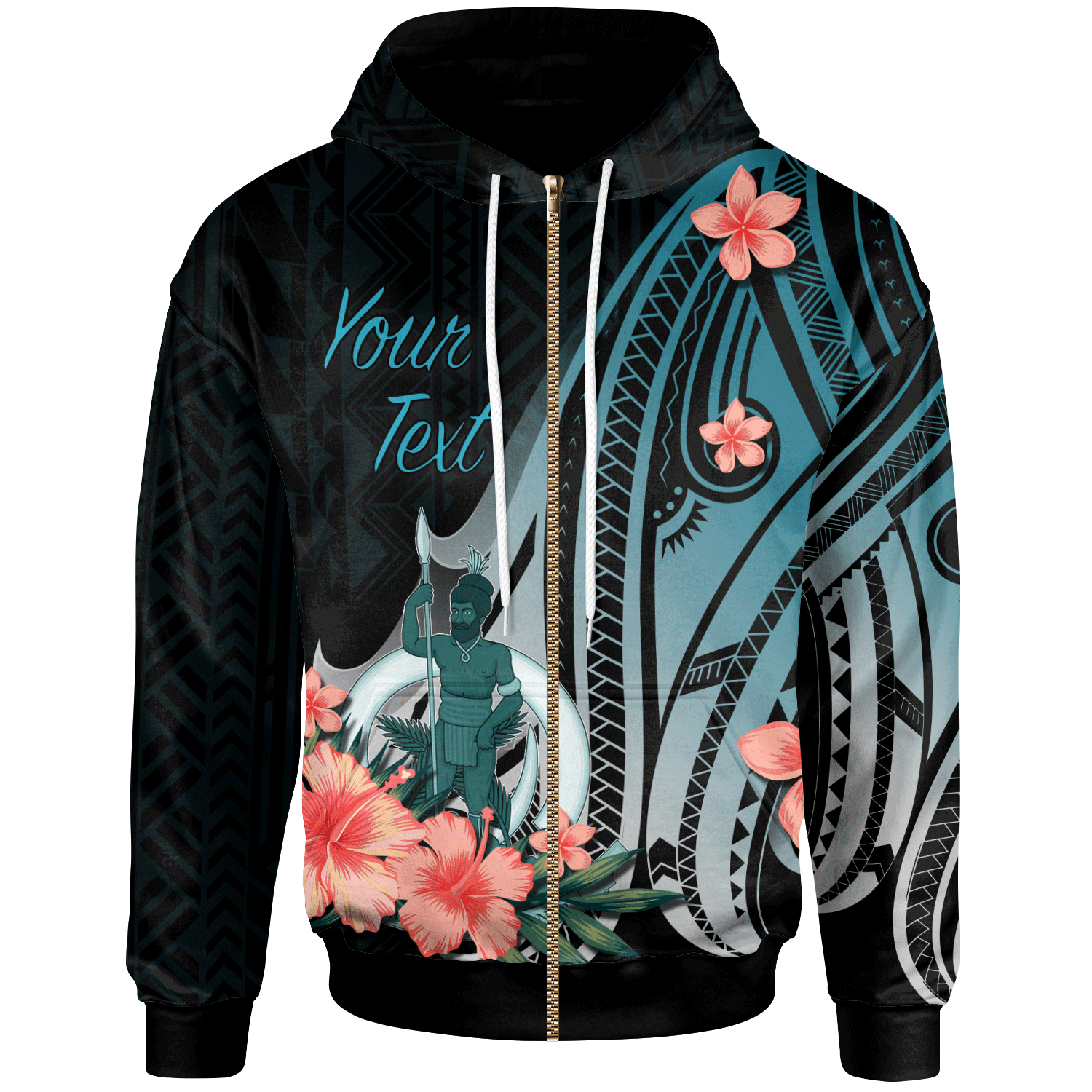 Vanuatu Custom Zip Hoodie Turquoise Polynesian Hibiscus Pattern Style Unisex Turquoise - Polynesian Pride