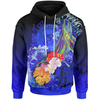 Polynesian Hawaii Custom Hoodie Humpback Whale with Tropical Flowers (Blue) Unisex Blue - Polynesian Pride