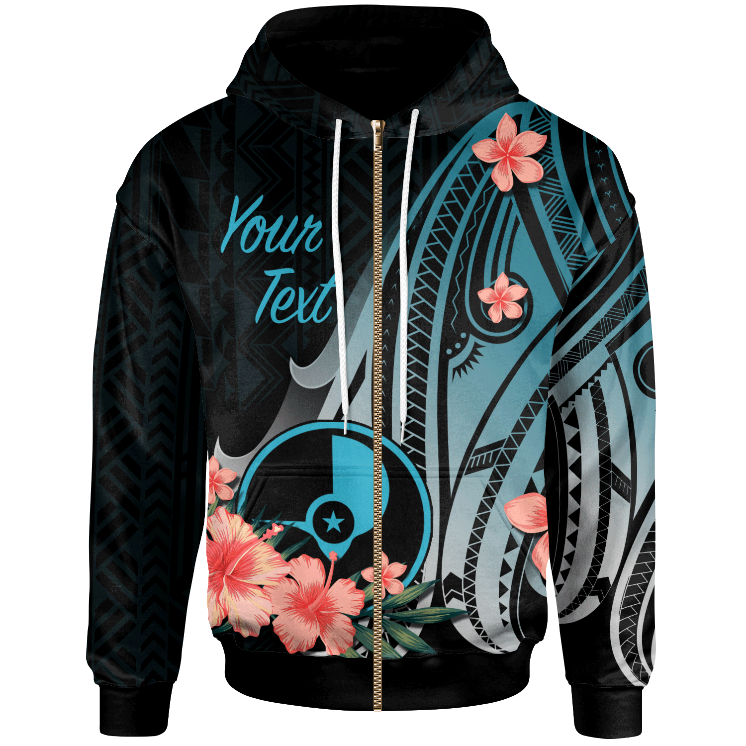 Yap Custom Zip Hoodie Turquoise Polynesian Hibiscus Pattern Style Unisex Turquoise - Polynesian Pride