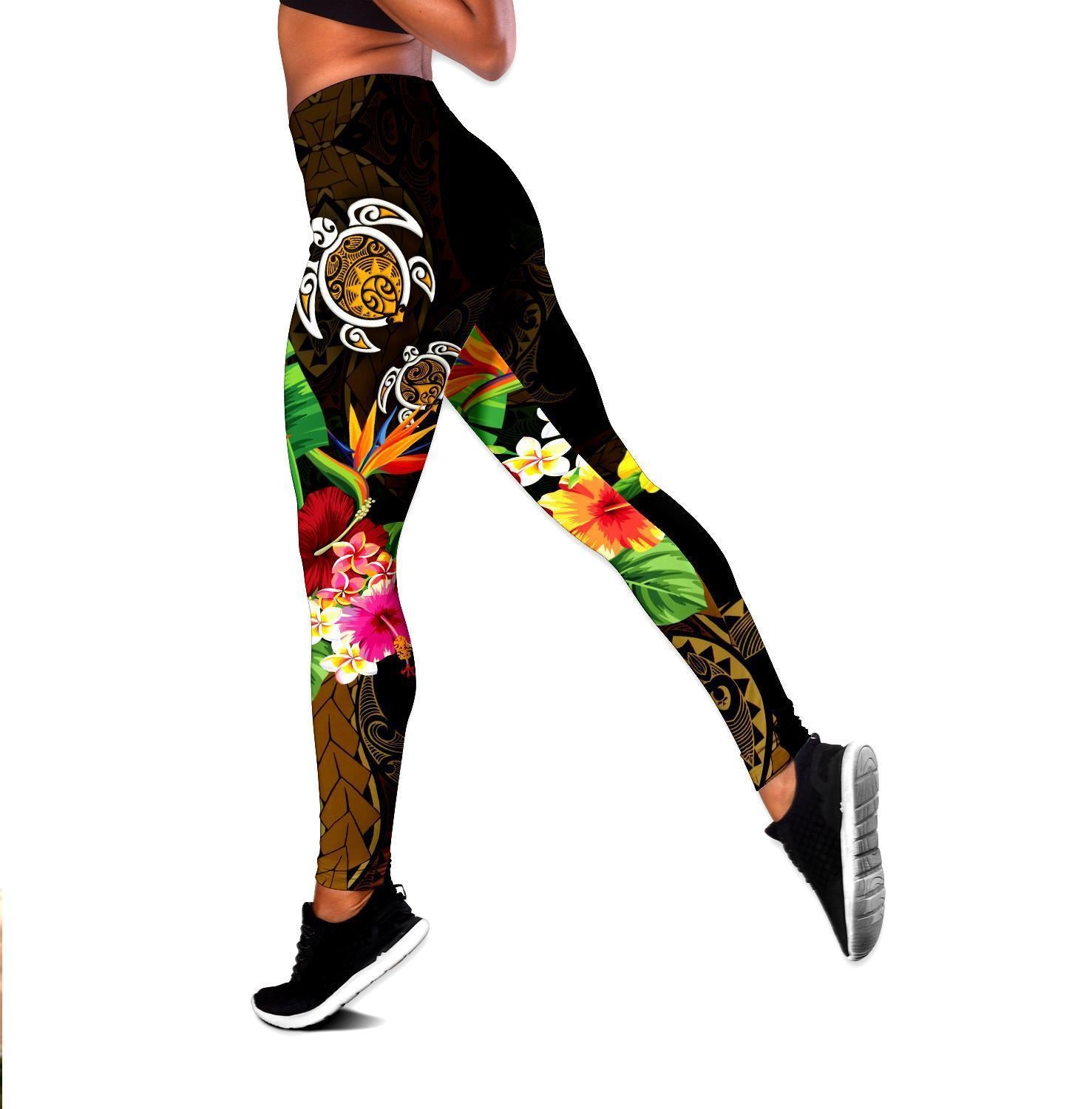 Polynesian Turtle Hibiscus Hawaii Leggings - AH Black - Polynesian Pride