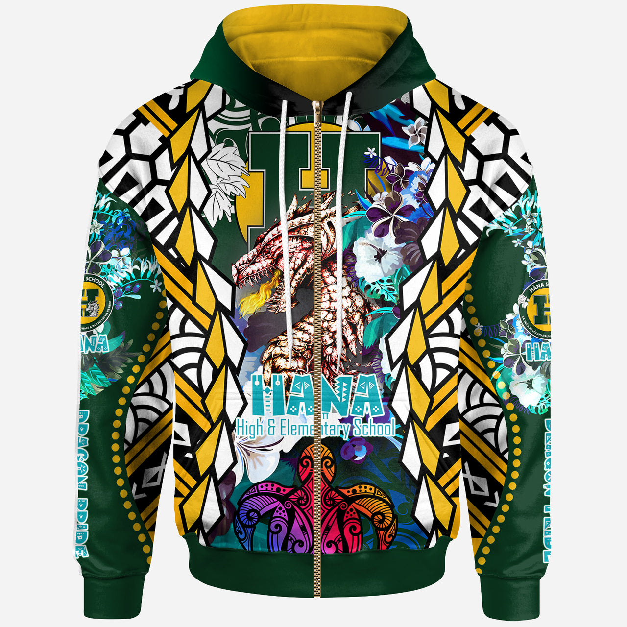 Hawaii Custom Hoodie Hana High & Intermediate School Fire Dragon Polynesian Culture Pride LT10 Green - Polynesian Pride