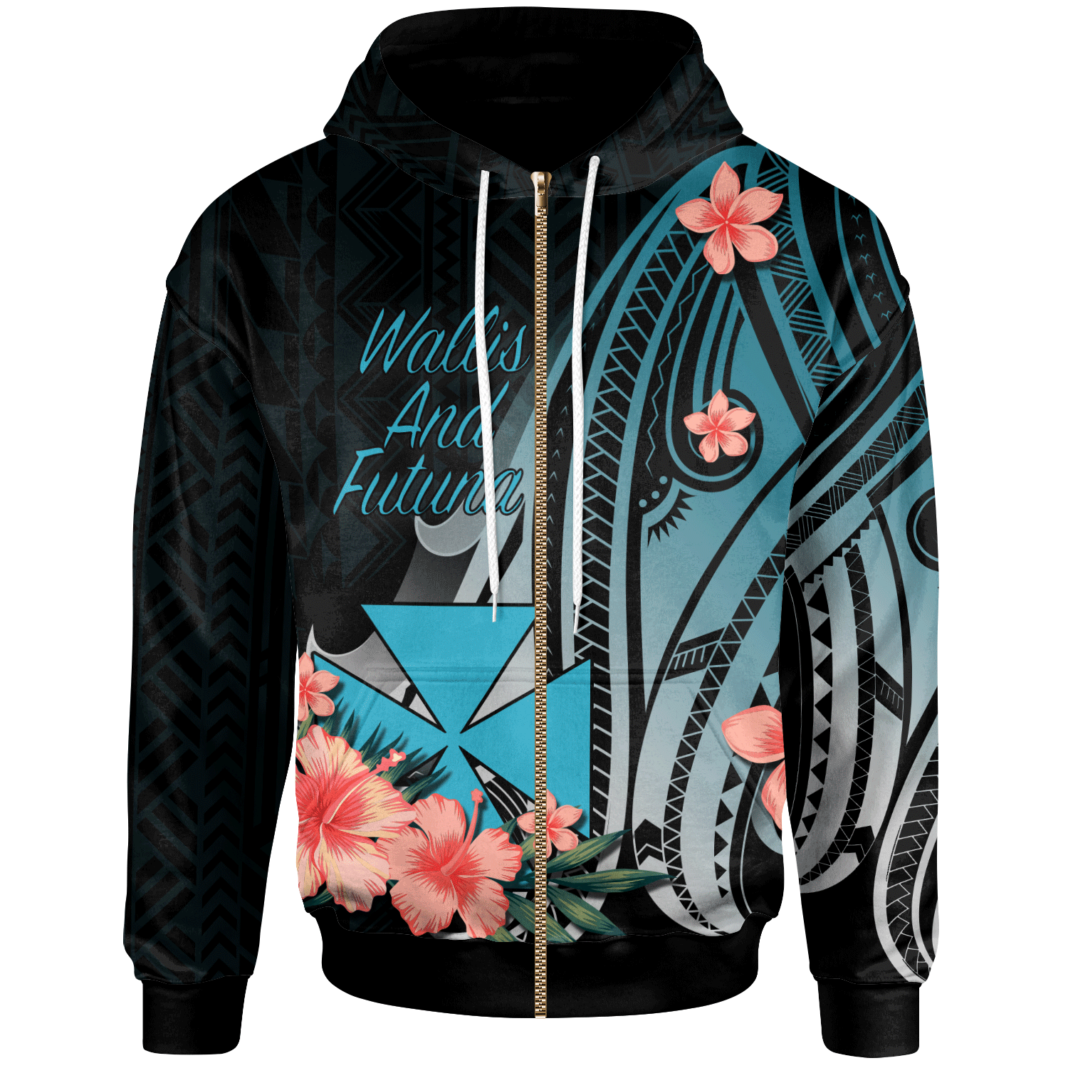 Wallis and Futuna Zip Hoodie Turquoise Polynesian Hibiscus Pattern Style Unisex Turquoise - Polynesian Pride