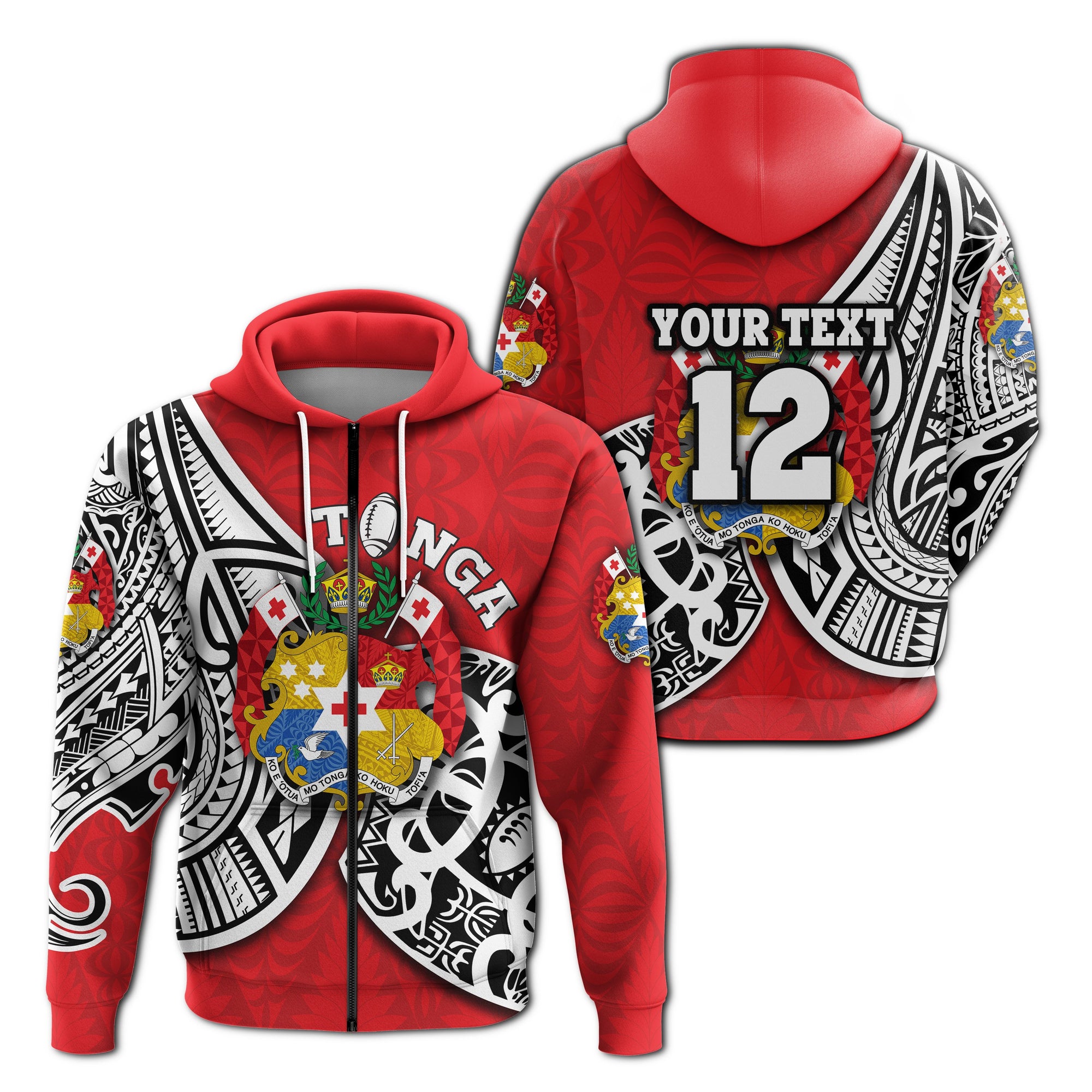 Custom Tonga Rugby Zip Hoodie Polynesian Style Unisex Red - Polynesian Pride