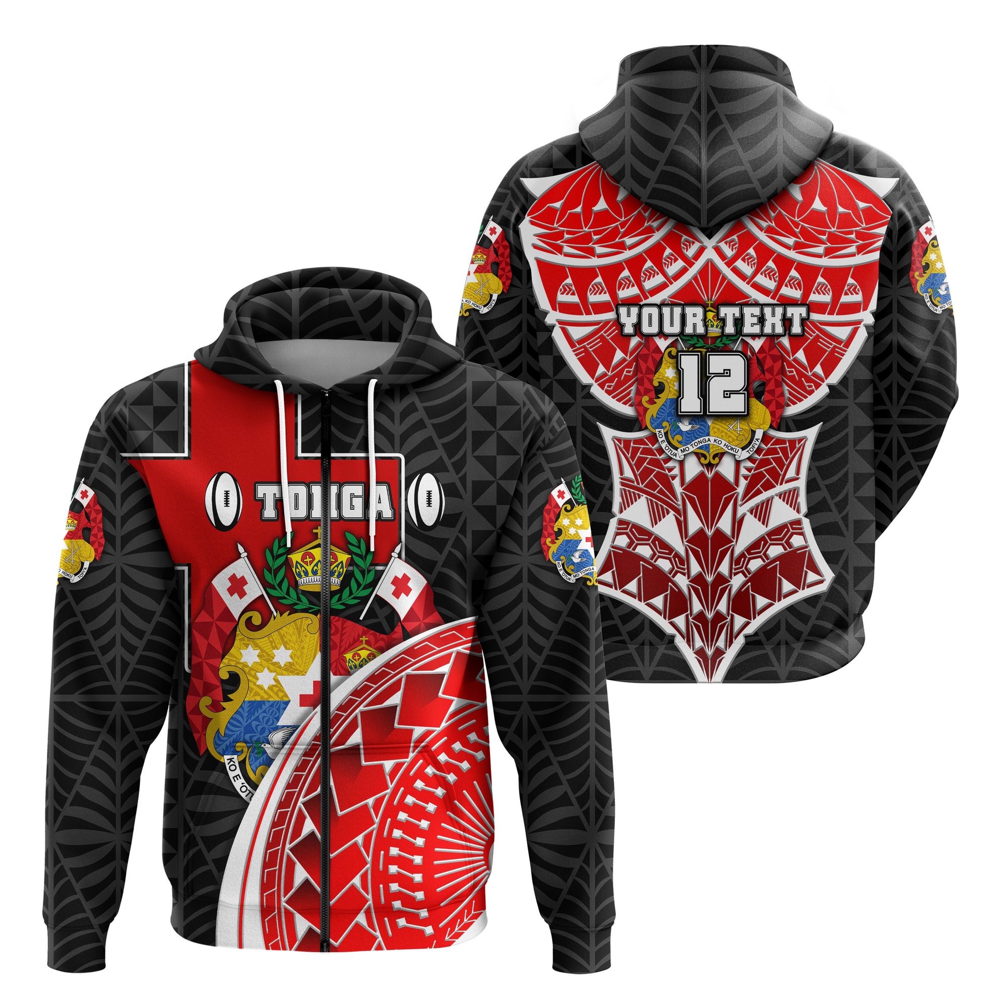 Custom Tonga Rugby Zip Hoodie Polynesian Armor Style Black Unisex Black - Polynesian Pride