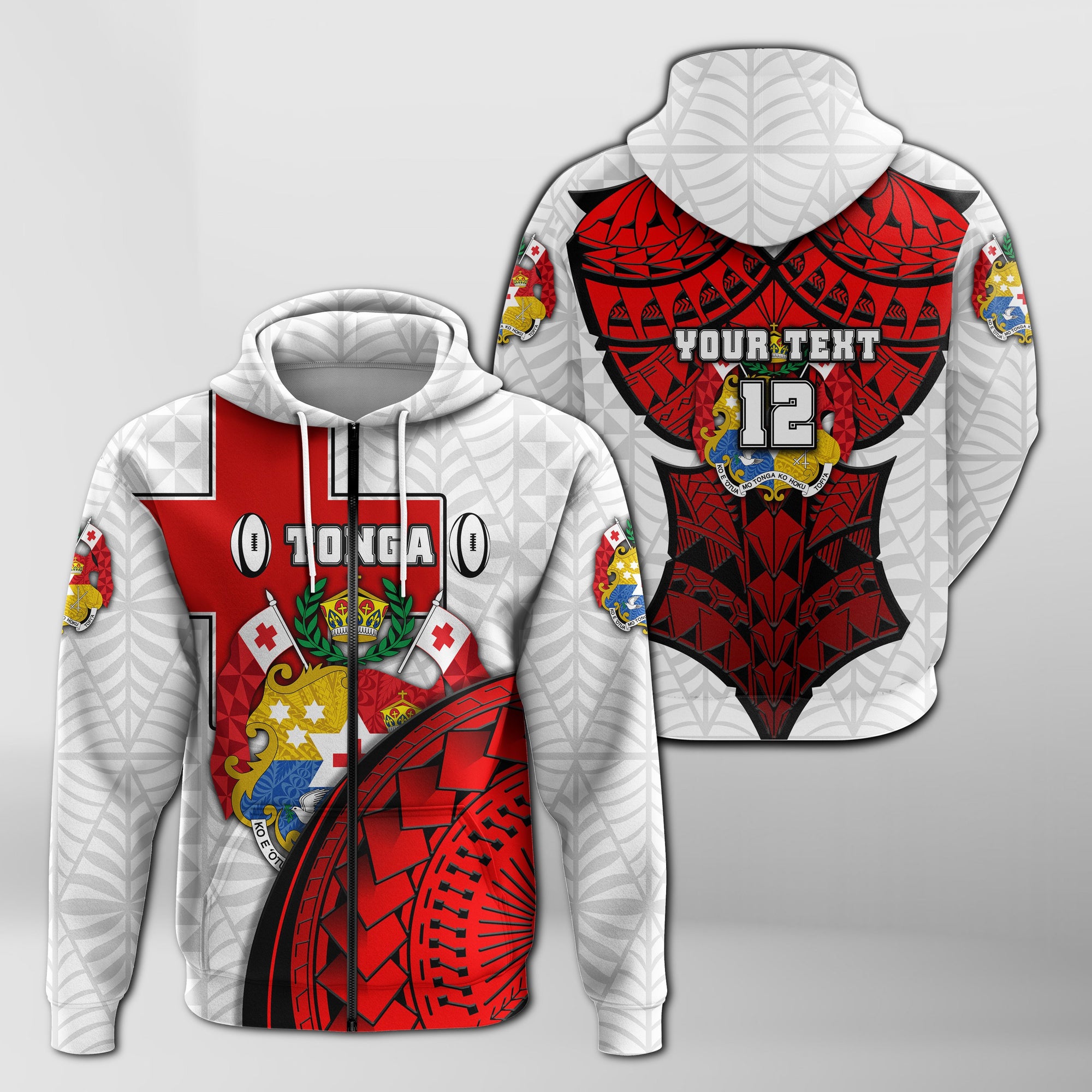 Custom Tonga Rugby Zip Hoodie Polynesian Armor Style White Unisex White - Polynesian Pride