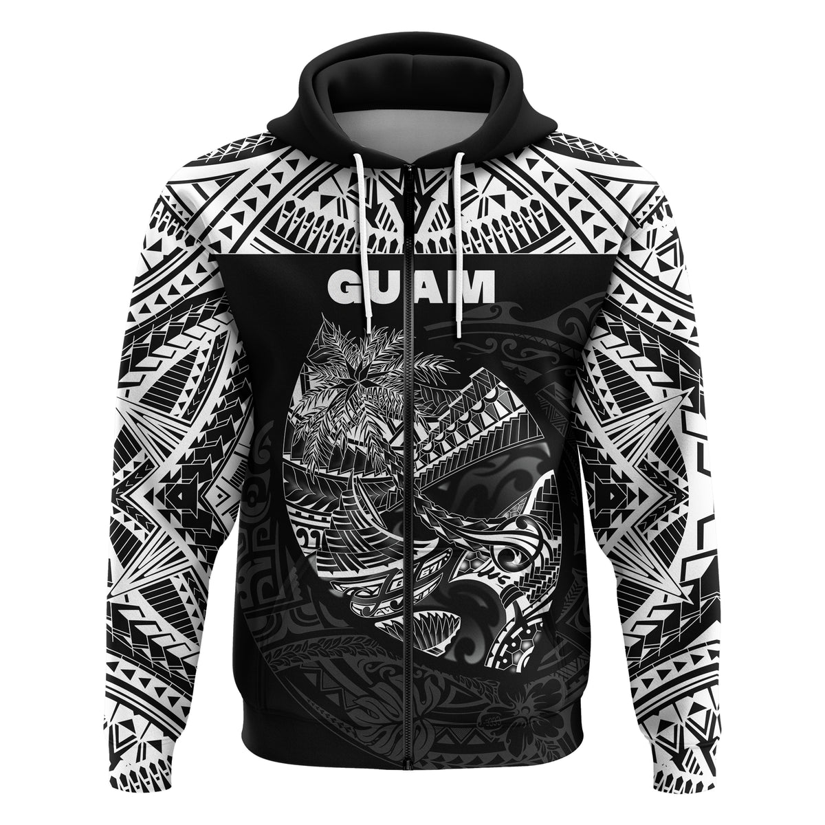 Custom Guam Rugby Zip Hoodie Polynesian Patterns Black LT16 - Polynesian Pride