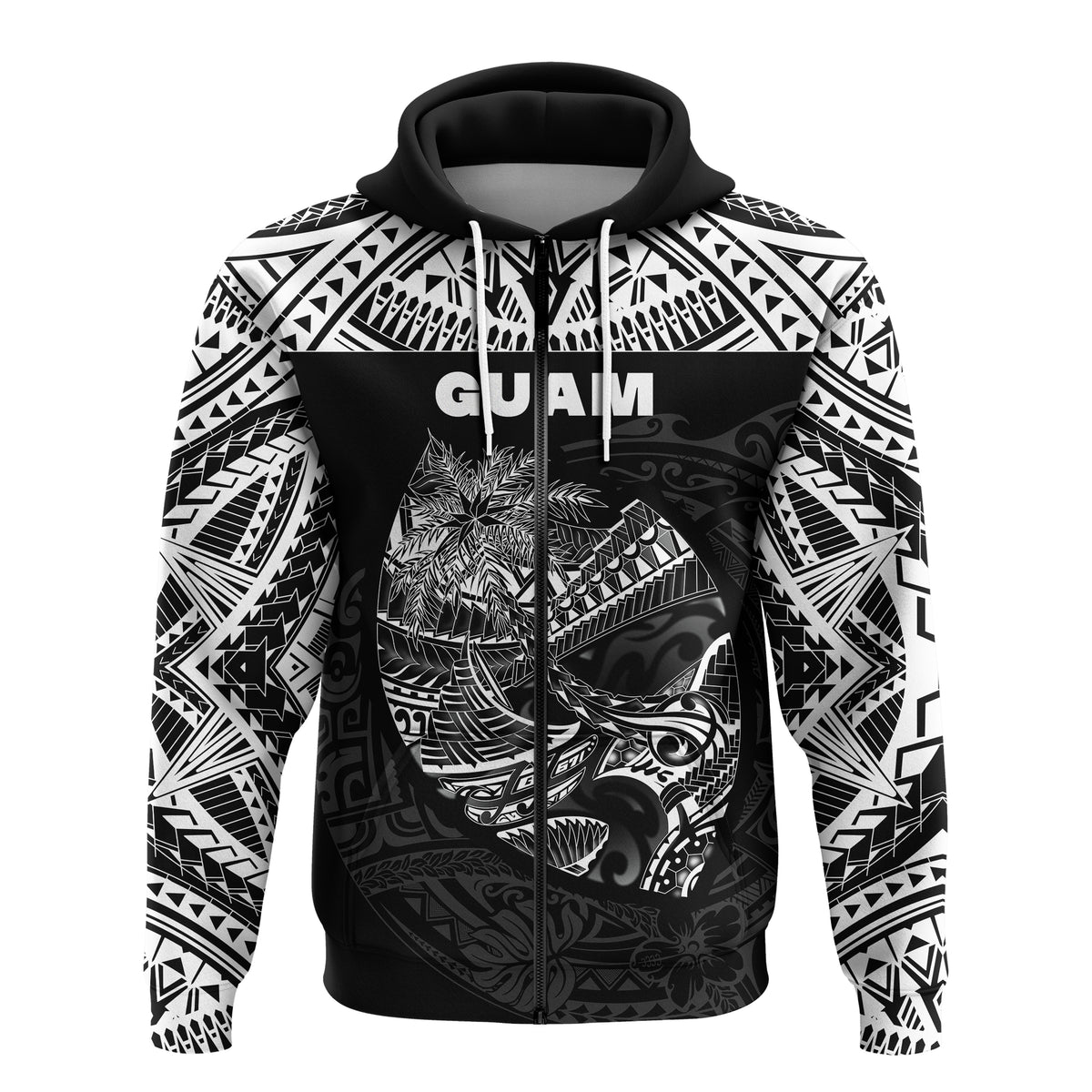 Guam Rugby Zip Hoodie Polynesian Patterns Black LT16 - Polynesian Pride