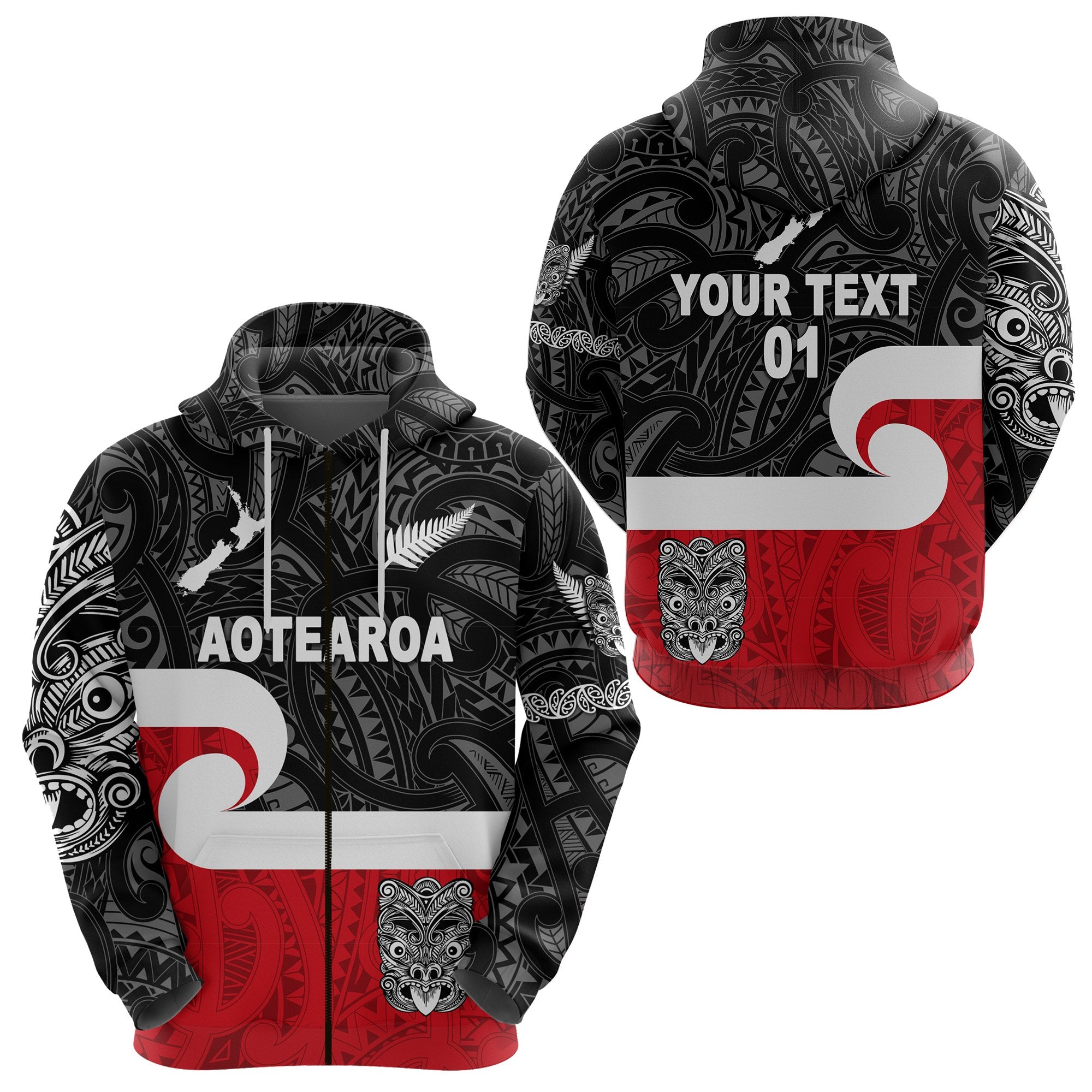 Custom Maori Aotearoa Haka Zip Hoodie New Zealand Simple, Custom Text and Number LT8 Unisex Black - Polynesian Pride