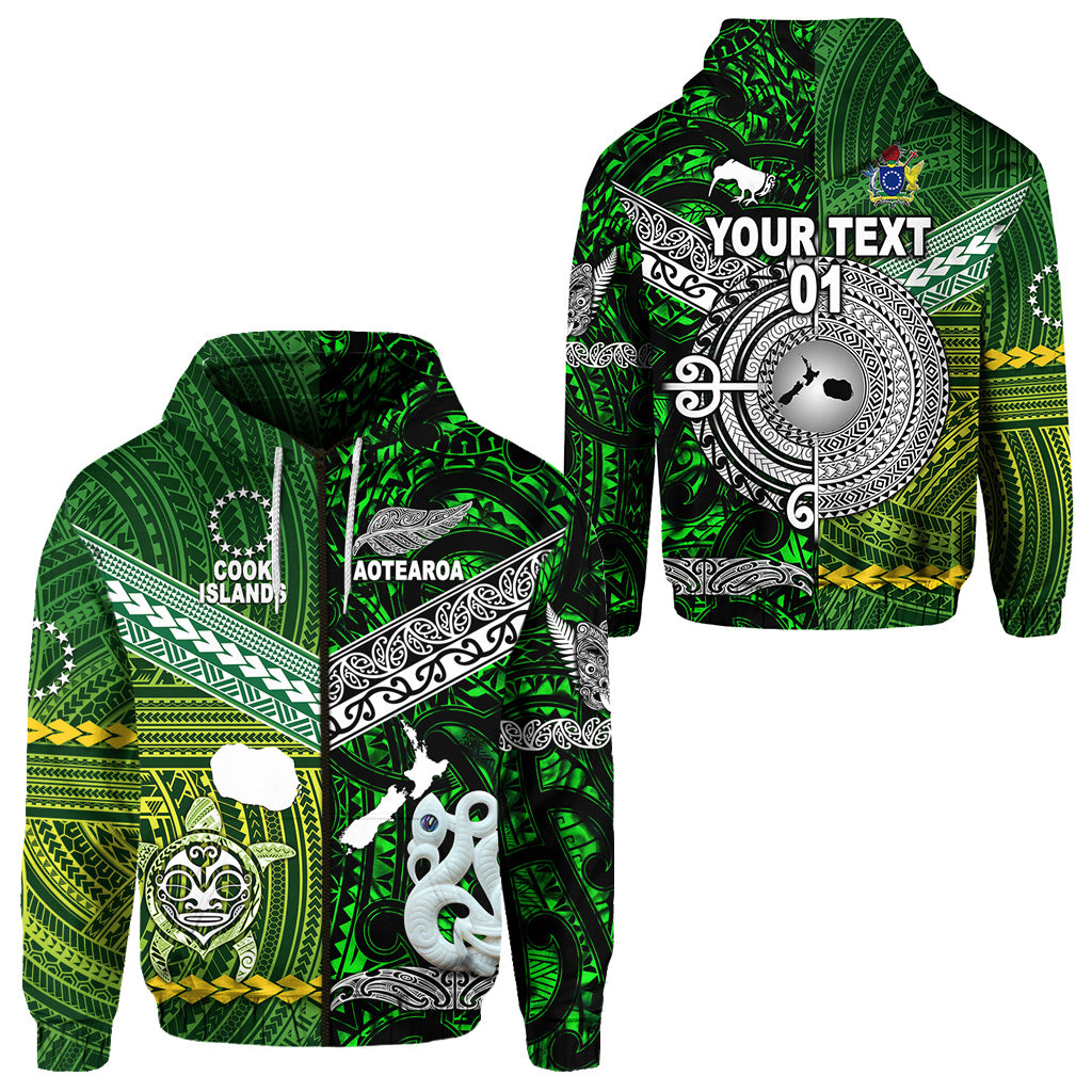 Custom New Zealand Cook Islands Zip Hoodie Maori and Polynesian Together Green, Custom Text and Number LT8 Unisex Green - Polynesian Pride