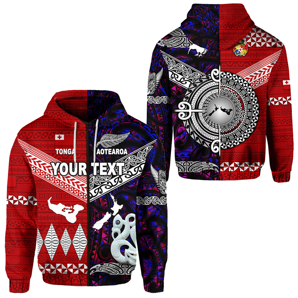 Custom New Zealand Tonga Zip Hoodie Maori and Polynesian Together Purple LT8 Unisex Red - Polynesian Pride