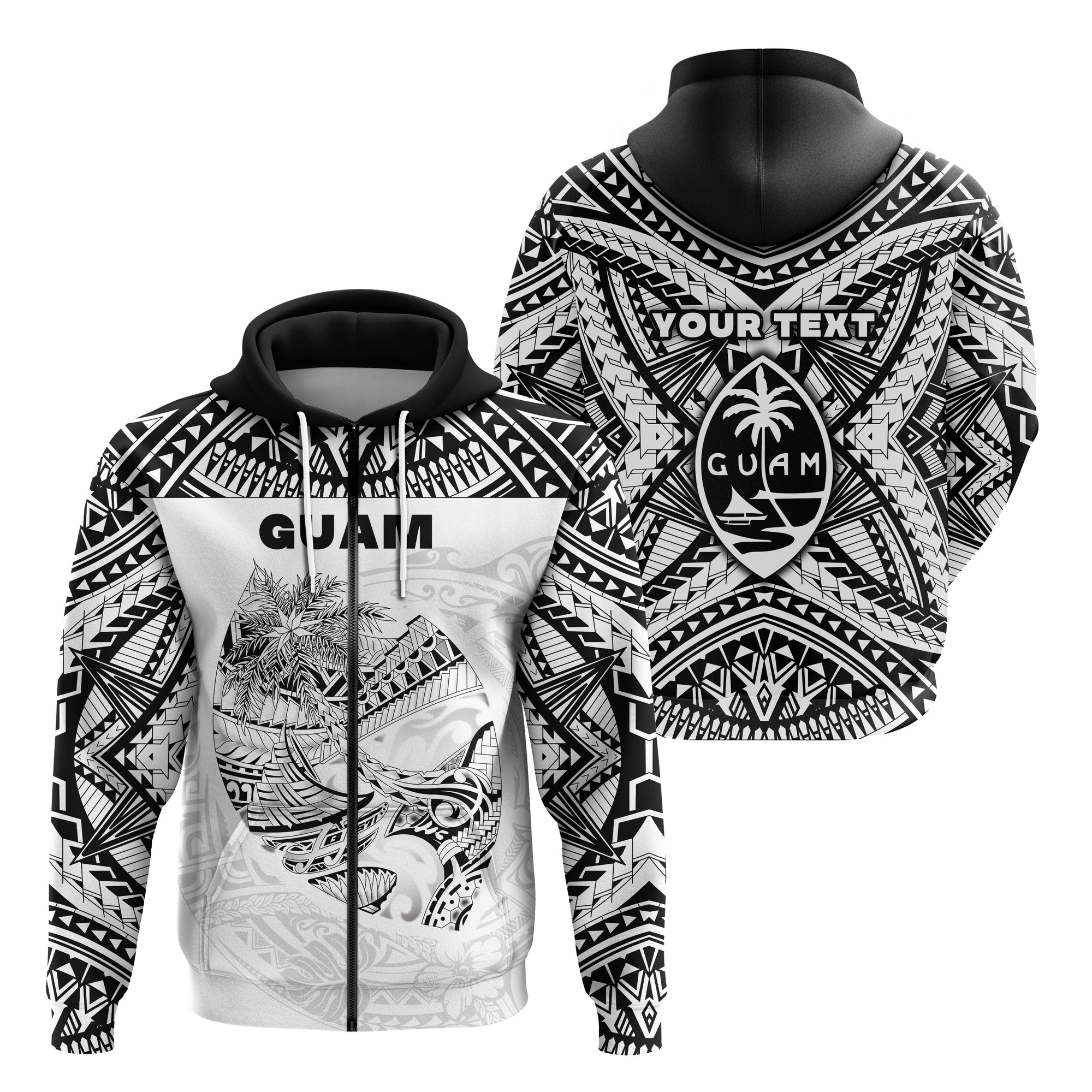 Custom Guam Rugby Zip Hoodie Polynesian Patterns White LT16 Unisex White - Polynesian Pride