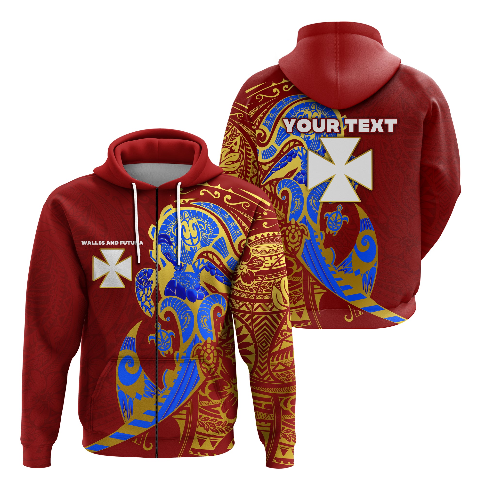 Custom Wallis and Futuna Zip Hoodie Polynesian Royal Style LT16 Unisex Red - Polynesian Pride