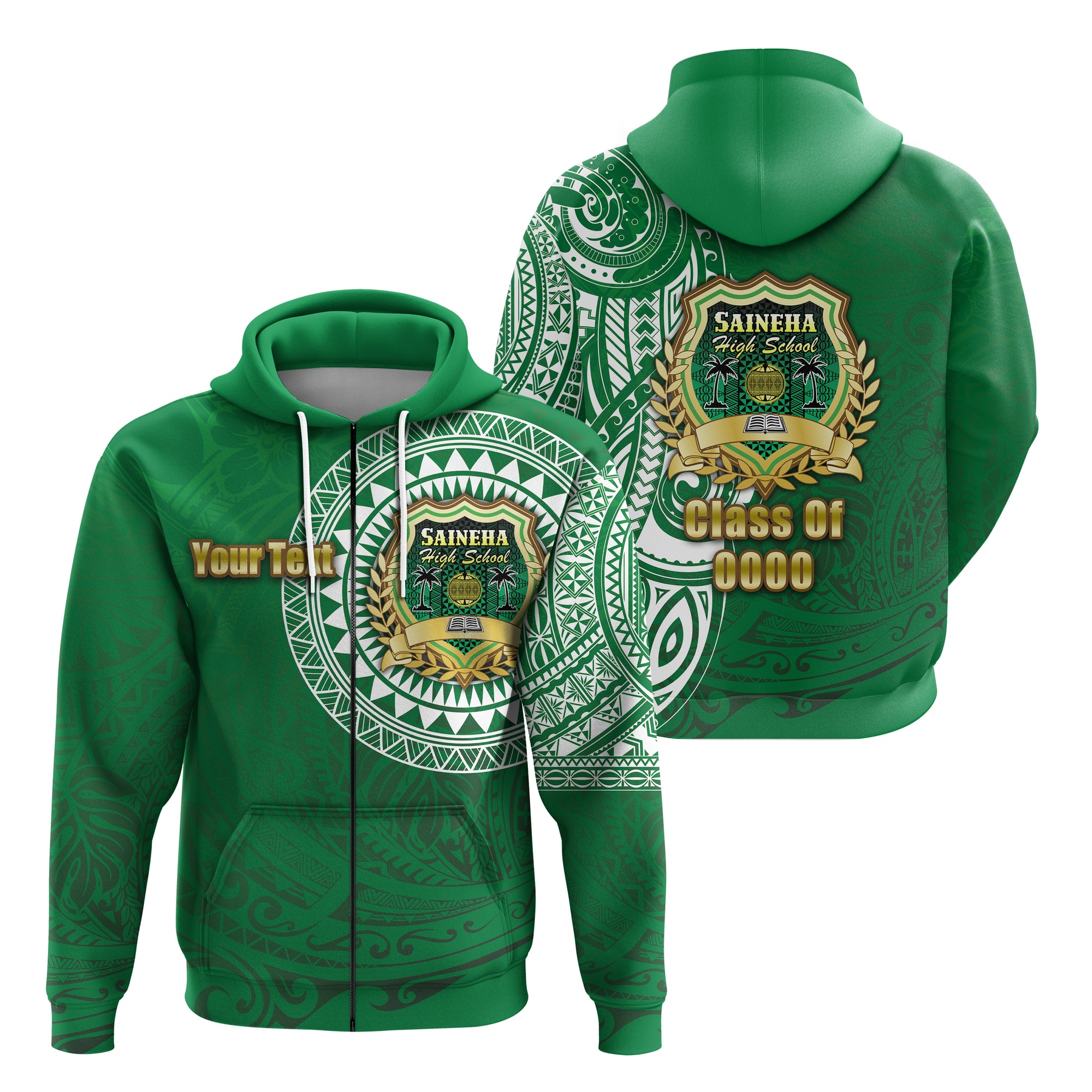 Custom Saineha Tonga Zip Hoodie Tattoo Style Class of LT16 Unisex Green - Polynesian Pride