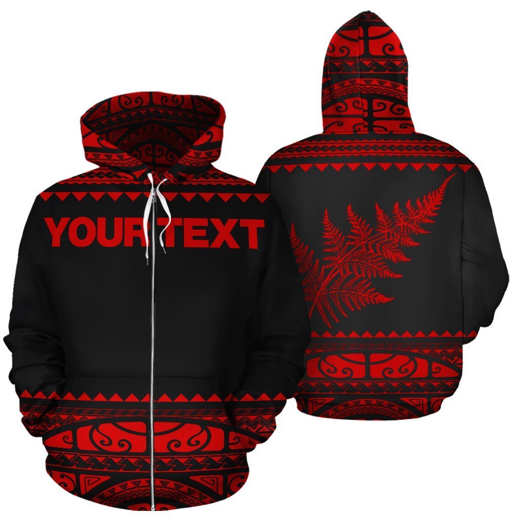 New Zealand Maori Zip up Hoodie, Aotearoa Silver Fern Zipper Hoodie Red Customized Unisex Black - Polynesian Pride