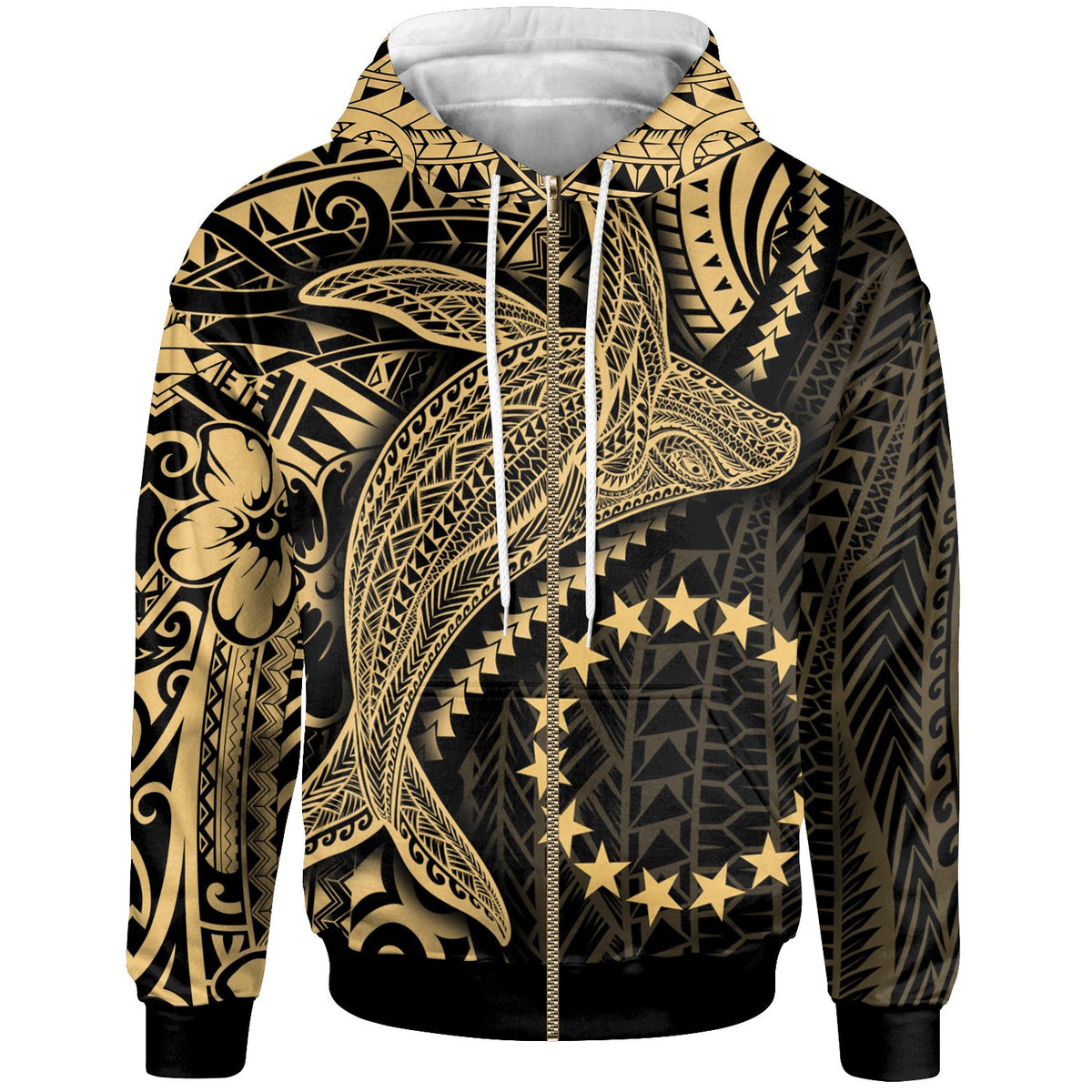Cook Islands Zip up Hoodie Humpback Whale & Coat of Arms Gold Unisex Gold - Polynesian Pride