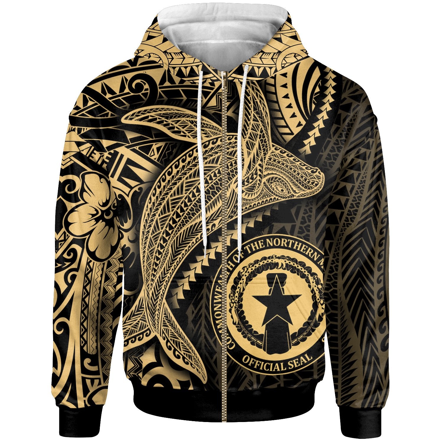 Northern Mariana Islands Zip up Hoodie Humpback Whale & Coat of Arms Gold Unisex Gold - Polynesian Pride