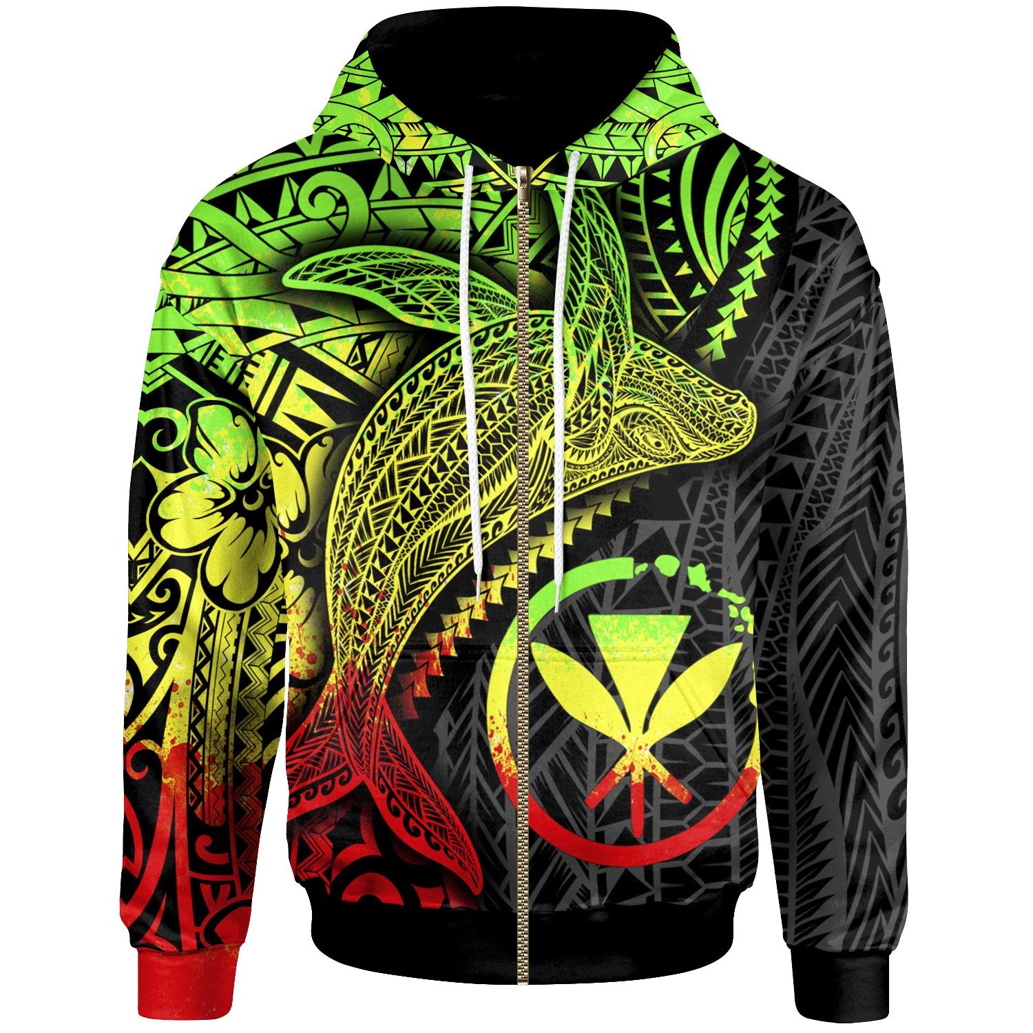 Hawaii Kanaka Maoli Map Zip up Hoodie Humpback Whale & Coat of Arms Reggae Unisex Reggae - Polynesian Pride