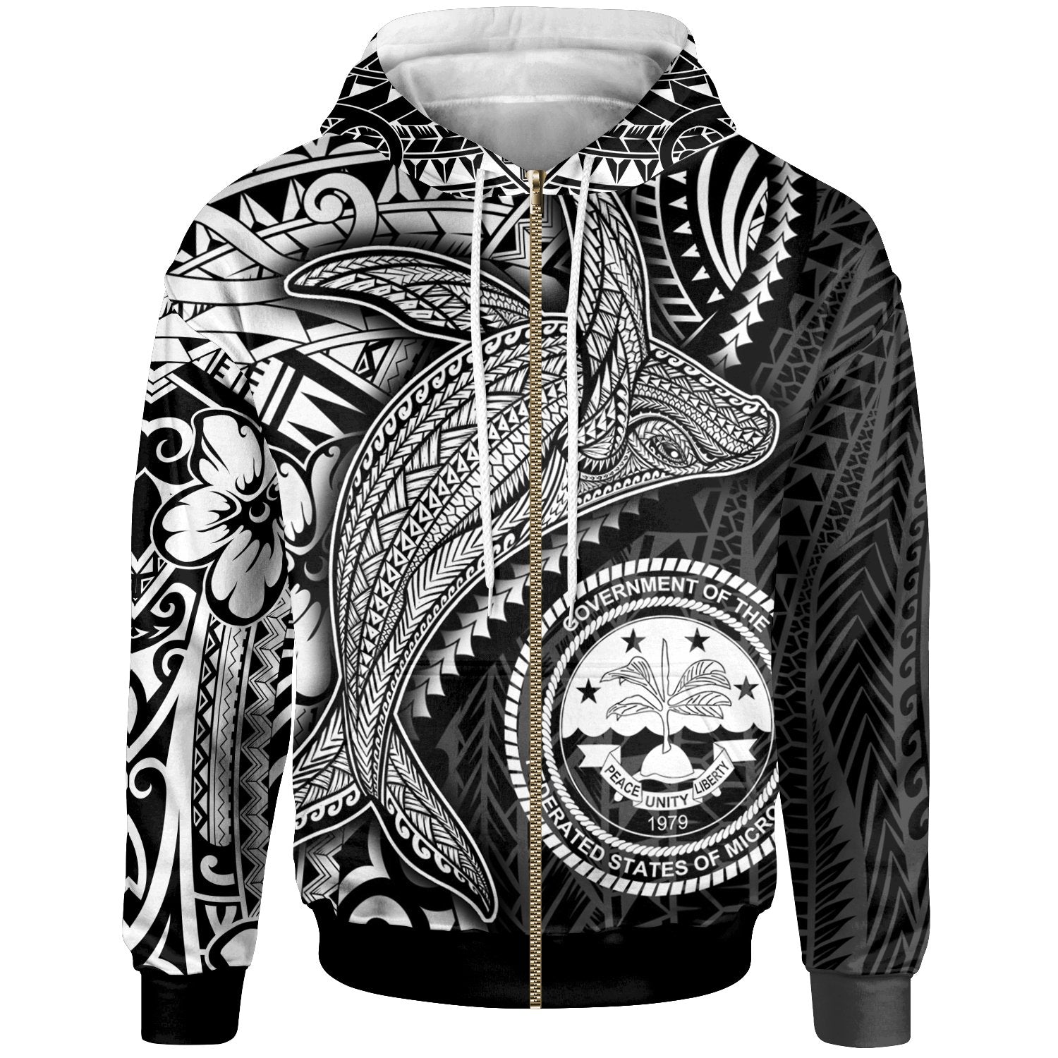 Federated States of Micronesia Zip up Hoodie Humpback Whale & Coat of Arms White Unisex White - Polynesian Pride