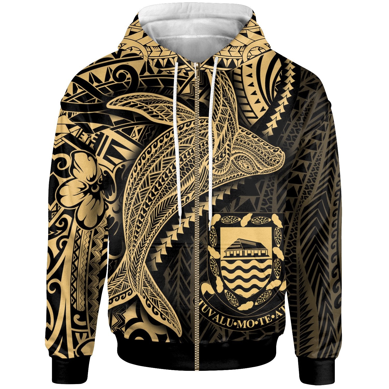 Tuvalu Zip up Hoodie Humpback Whale & Coat of Arms Gold Unisex Gold - Polynesian Pride