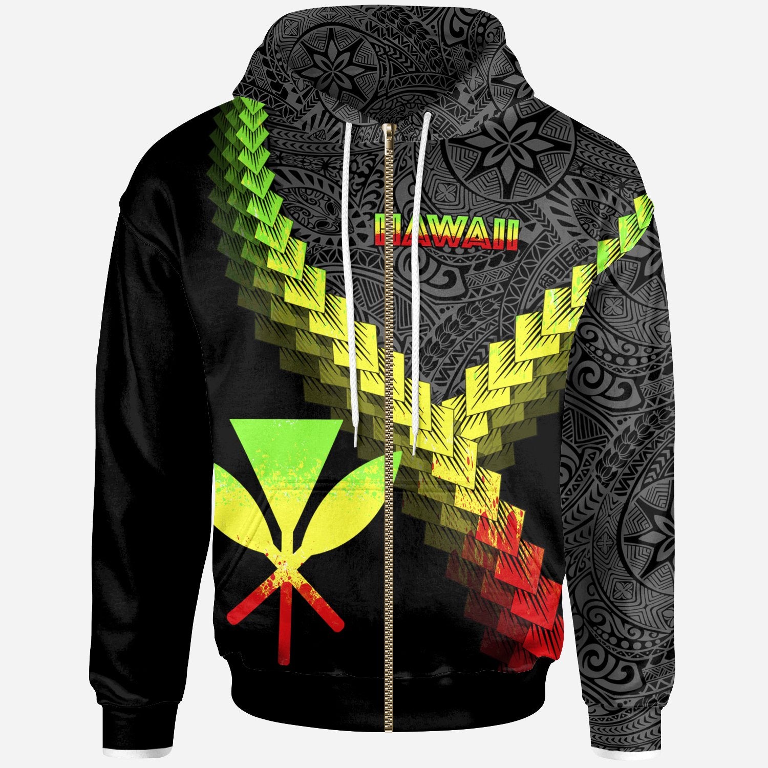 Hawaii Kanaka Maoli Zip up Hoodie Hawaii Kanaka Maoli Coat of Arms With Polynesian Tattoo Reggae Unisex Reggae - Polynesian Pride