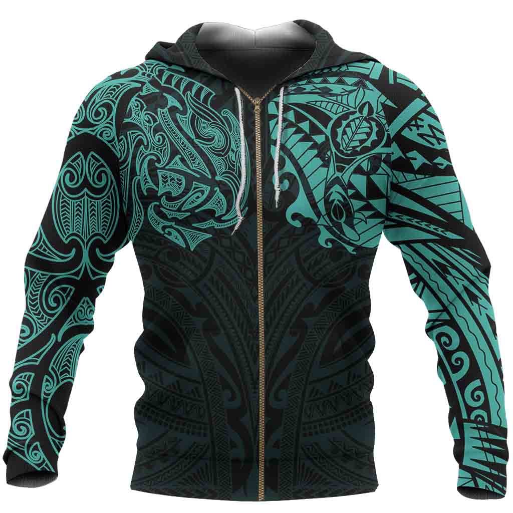 New Zealand Zip Hoodie, Maori Polynesian Tattoo Turquoise Unisex Black - Polynesian Pride