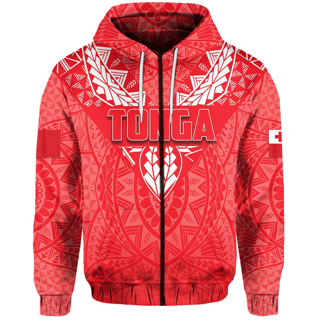 Custom Tonga Rugby Zip Hoodie Polynesian With Coat of Arms Style Unisex Red - Polynesian Pride