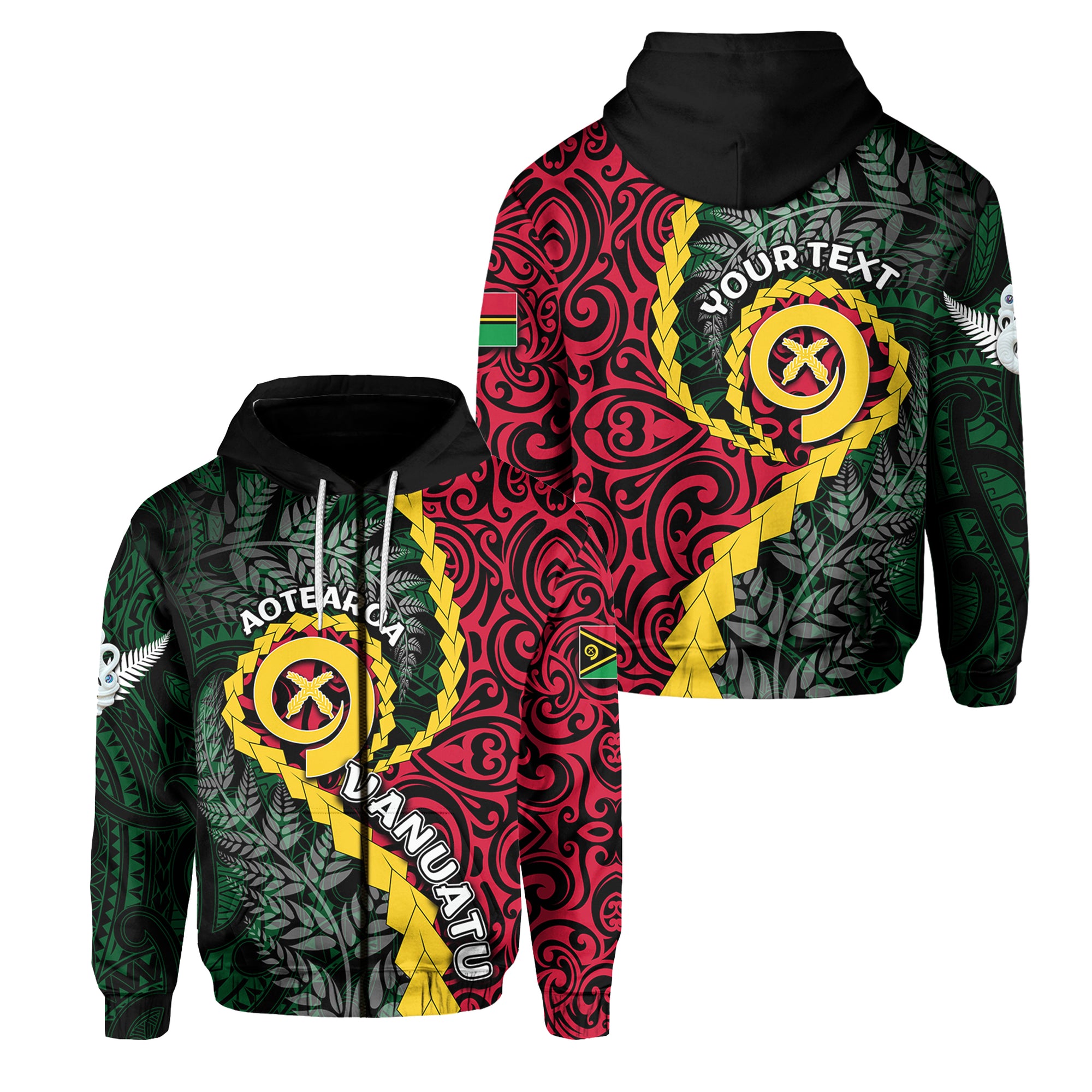 Custom Vanuatu Zip Hoodie Mix Maori Silver Fern LT6 Unisex Red - Polynesian Pride