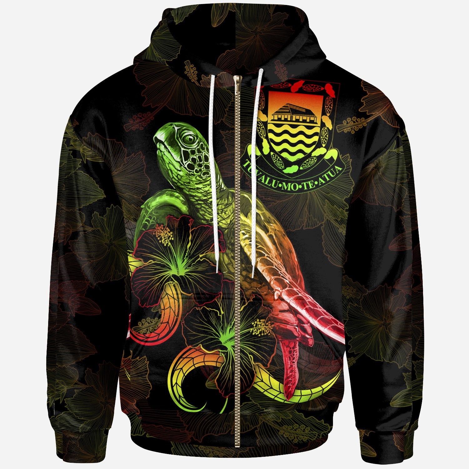 Tuvalu Polynesian Zip up Hoodie Turtle With Blooming Hibiscus Reggae Unisex Reggae - Polynesian Pride