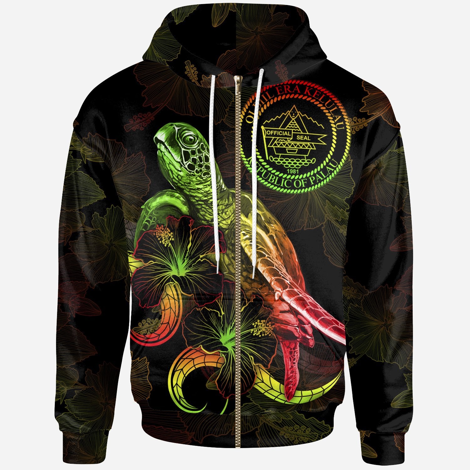 Palau Polynesian Zip up Hoodie Turtle With Blooming Hibiscus Reggae Unisex Reggae - Polynesian Pride