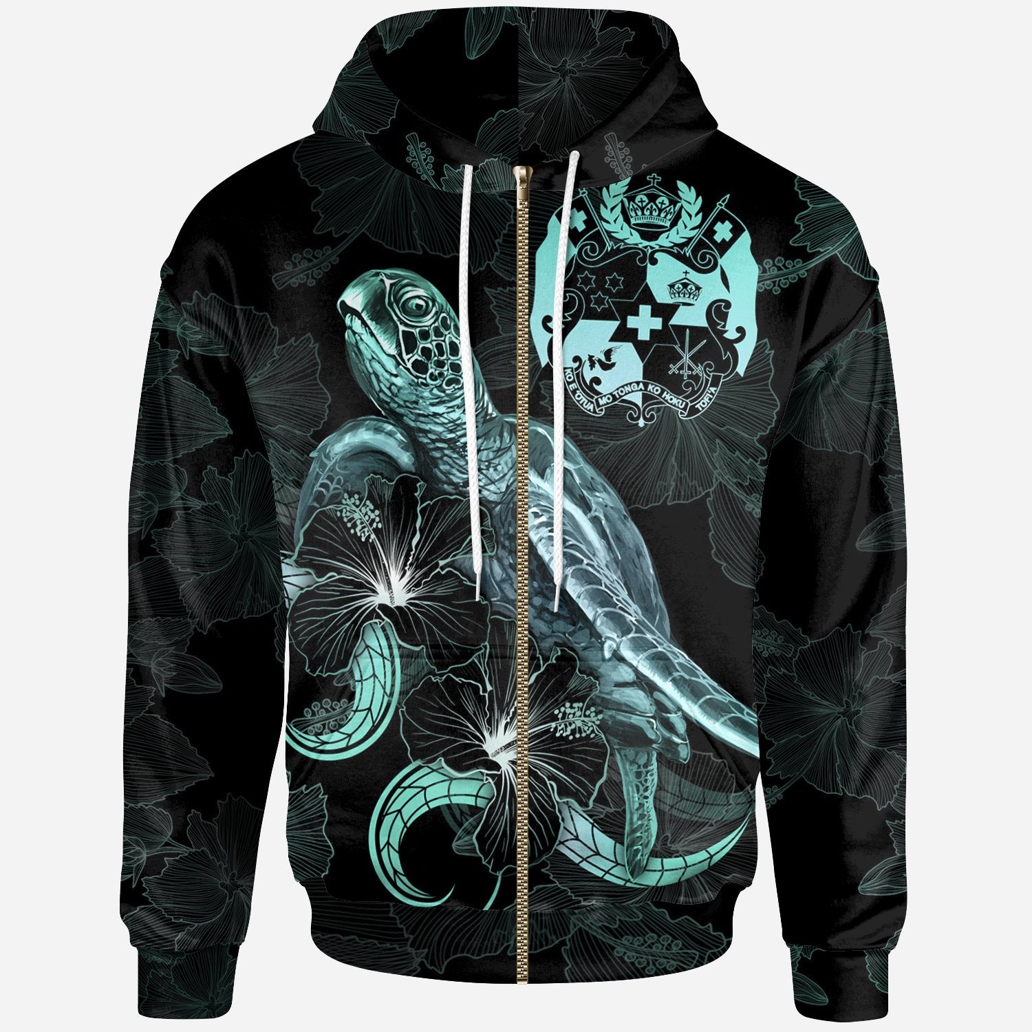 Tonga Polynesian Zip up Hoodie Turtle With Blooming Hibiscus Turquoise Unisex Turquoise - Polynesian Pride