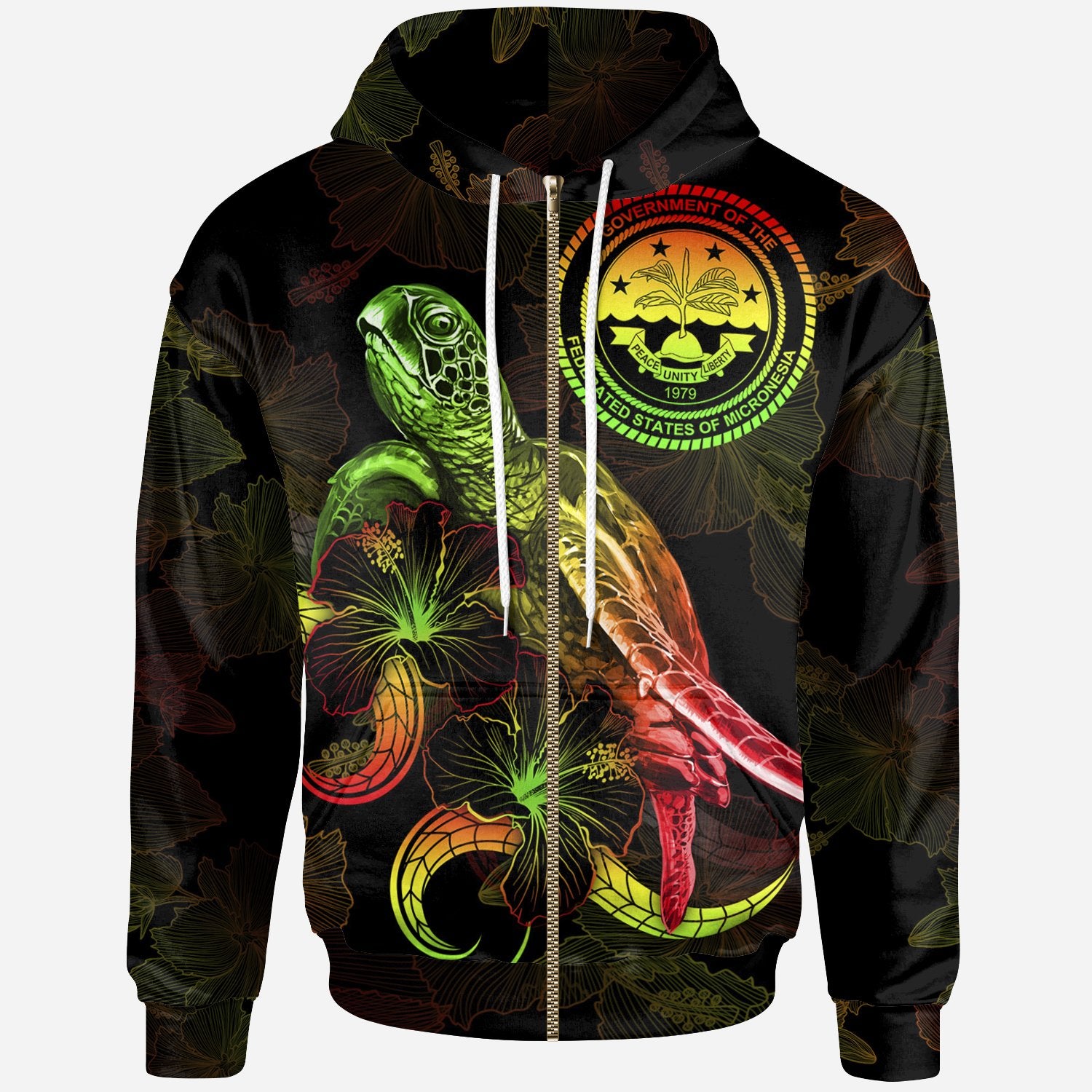 Federated States of Micronesia Polynesian Zip up Hoodie Turtle With Blooming Hibiscus Reggae Unisex Reggae - Polynesian Pride