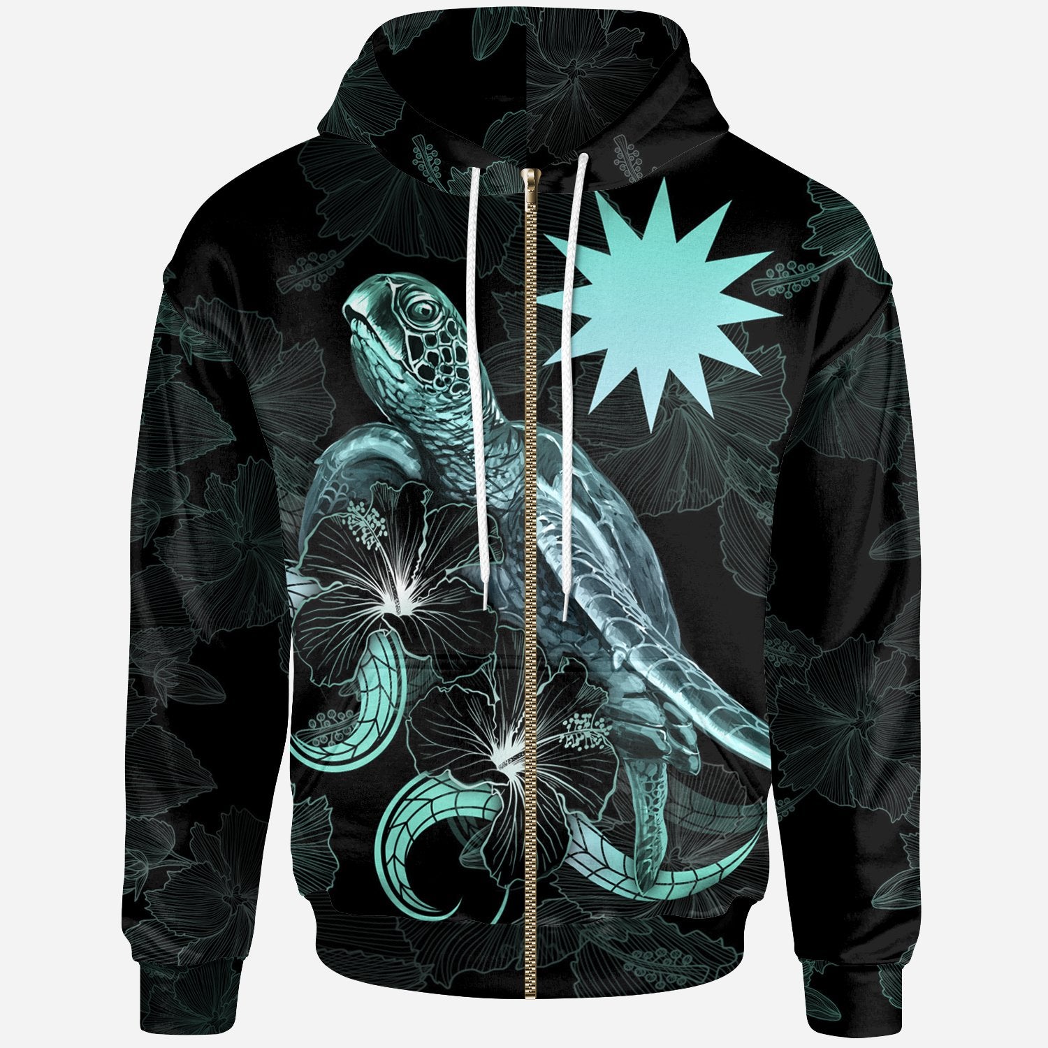 Nauru Polynesian Zip up Hoodie Turtle With Blooming Hibiscus Turquoise Unisex Turquoise - Polynesian Pride