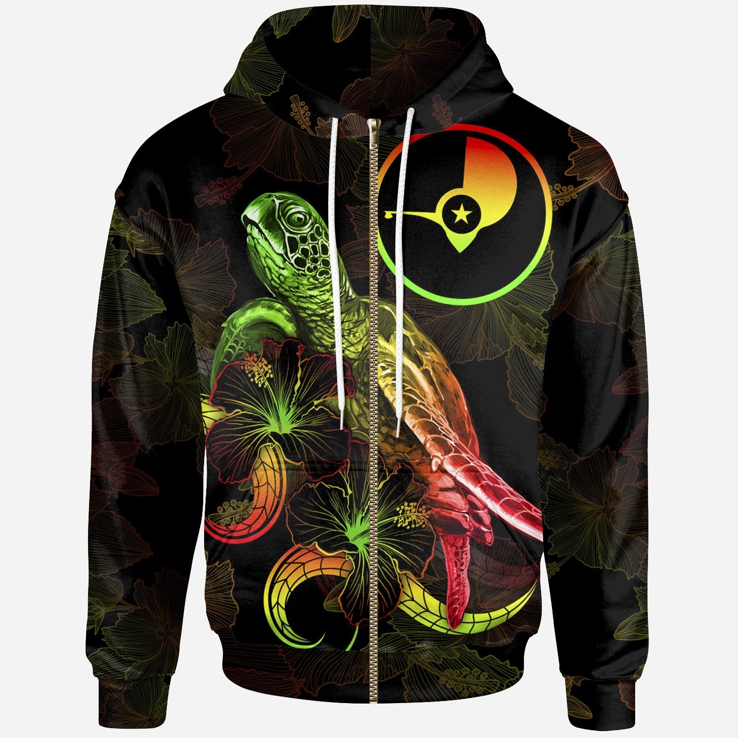 Yap Polynesian Zip up Hoodie Turtle With Blooming Hibiscus Reggae Unisex Reggae - Polynesian Pride