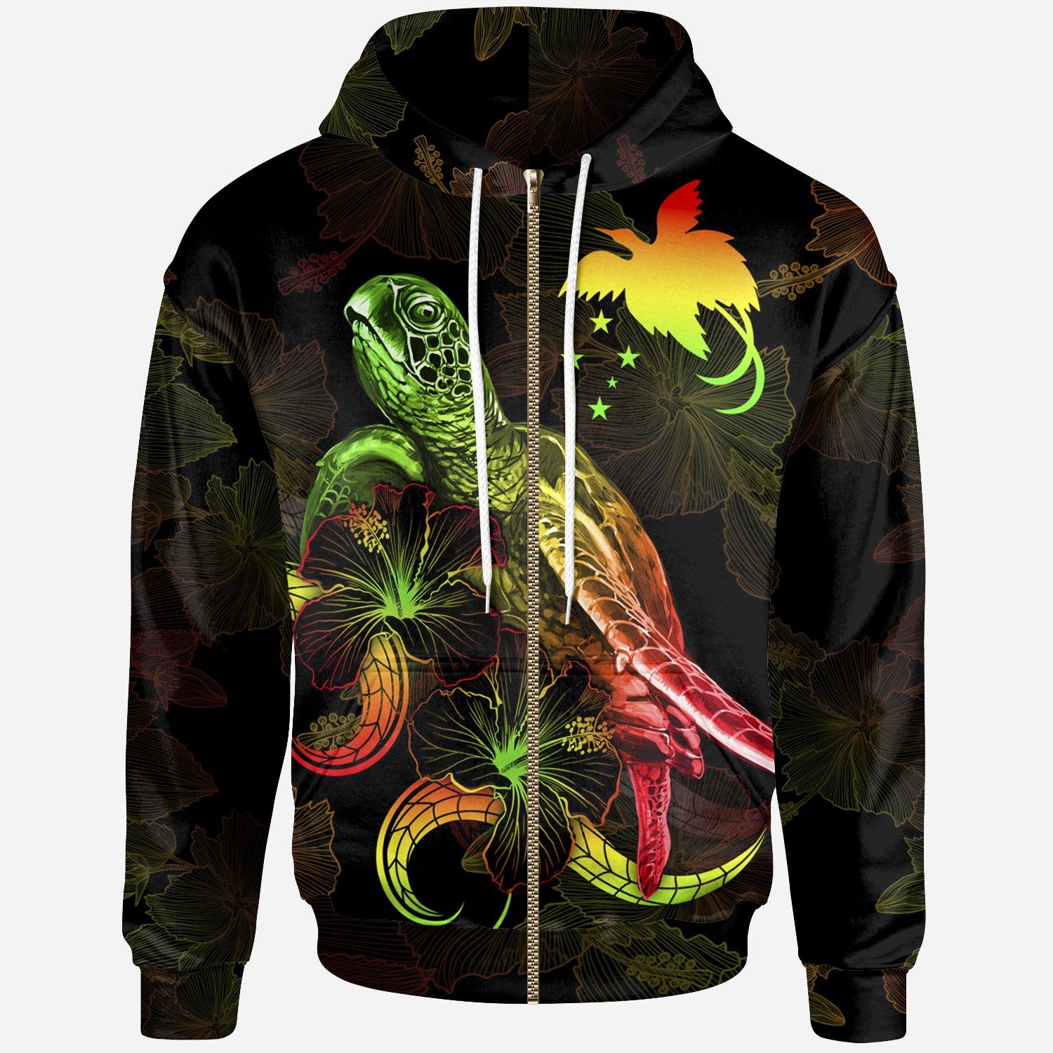 Papua New Guinea Polynesian Zip up Hoodie Turtle With Blooming Hibiscus Reggae Unisex Reggae - Polynesian Pride