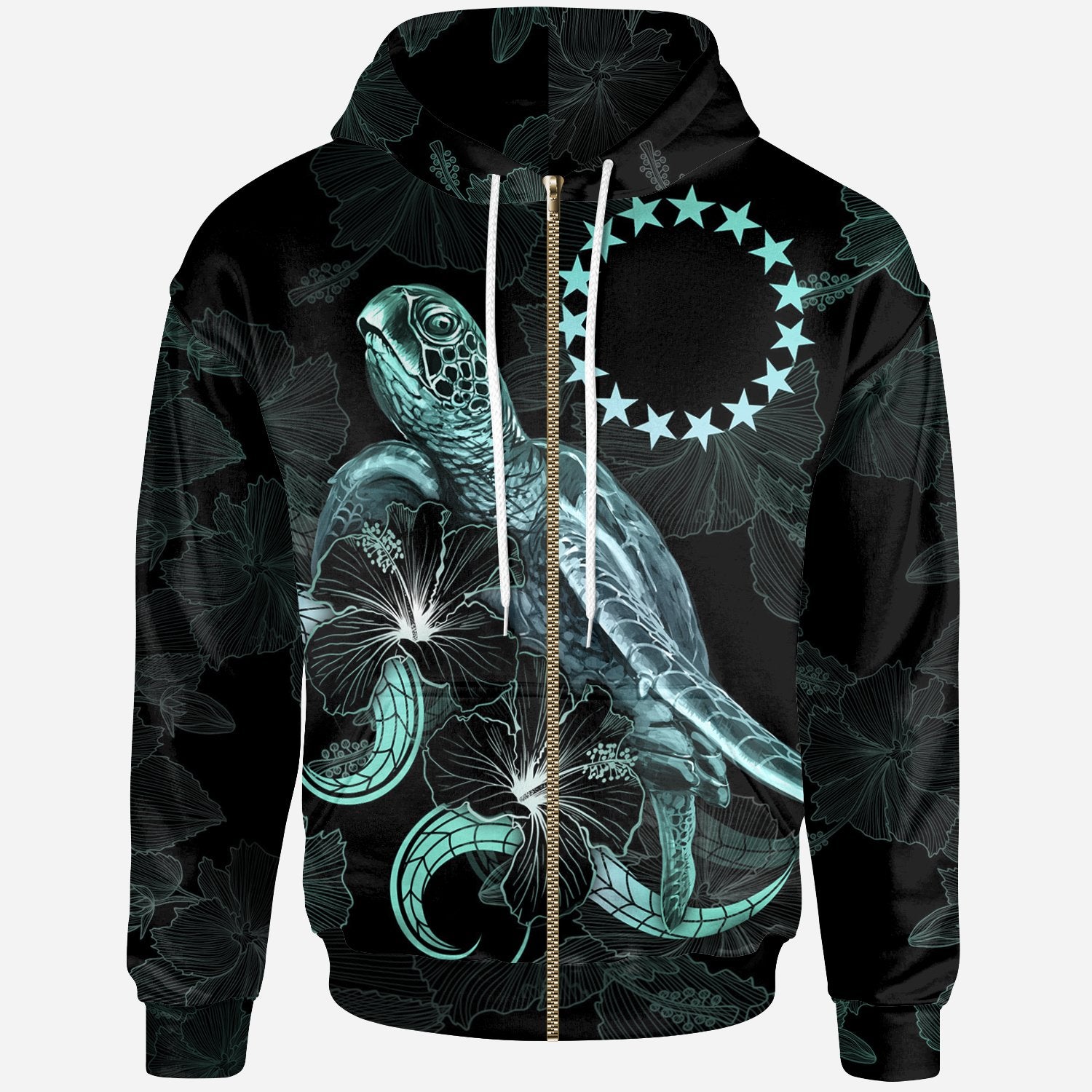 Cook Islands Polynesian Zip up Hoodie Turtle With Blooming Hibiscus Turquoise Unisex Turquoise - Polynesian Pride