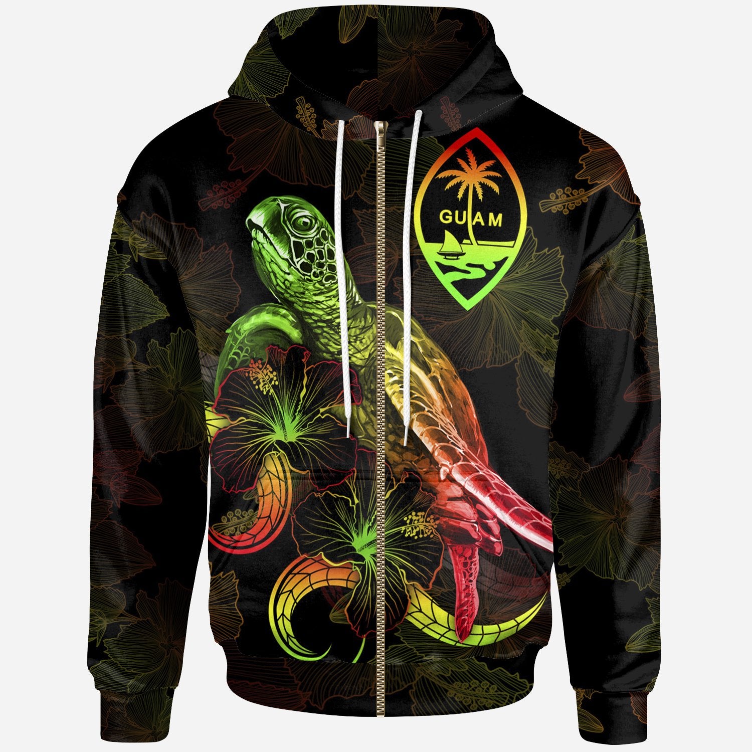 Guam Polynesian Zip up Hoodie Turtle With Blooming Hibiscus Reggae Unisex Reggae - Polynesian Pride