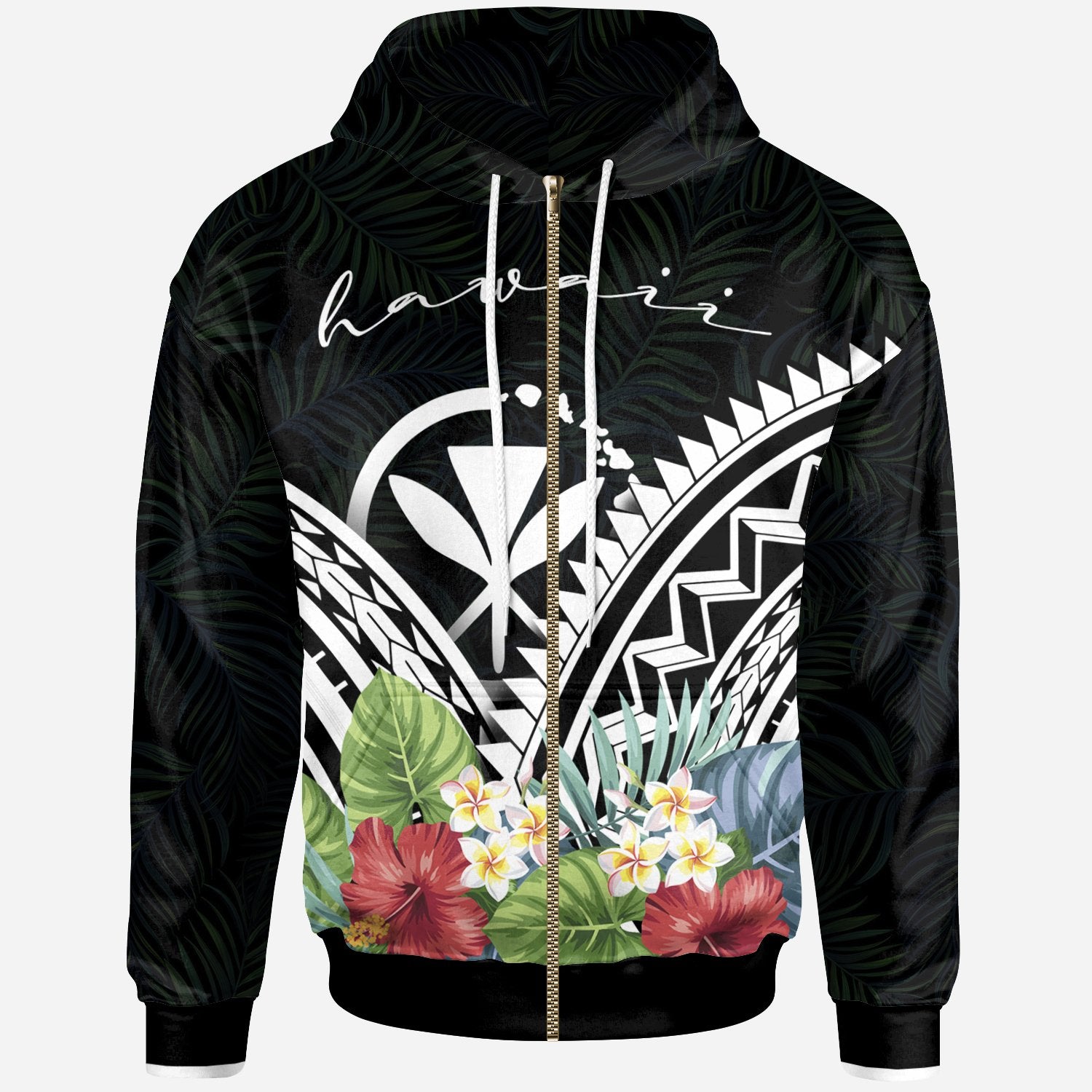 Hawaii Polynesian Zip up Hoodie Hawaii Coat of Arms & Polynesian Tropical Flowers White Unisex White - Polynesian Pride