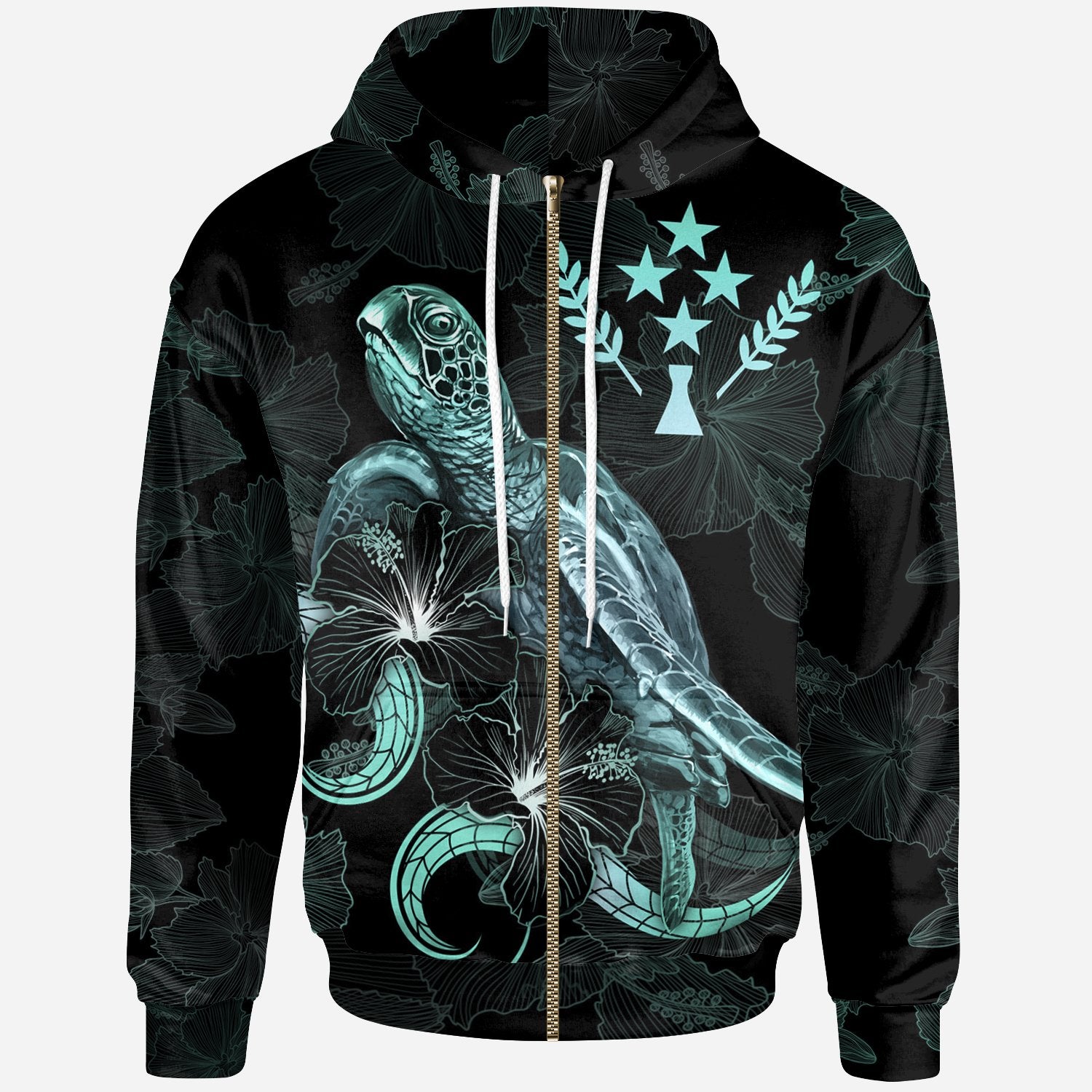 Kosrae Polynesian Zip up Hoodie Turtle With Blooming Hibiscus Turquoise Unisex Turquoise - Polynesian Pride