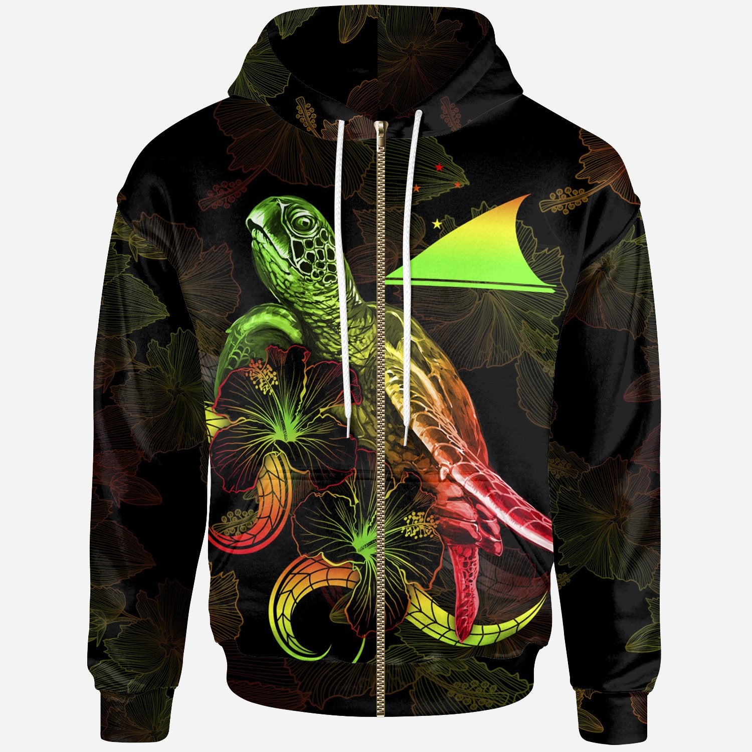 Tokelau Polynesian Zip up Hoodie Turtle With Blooming Hibiscus Reggae Unisex Reggae - Polynesian Pride