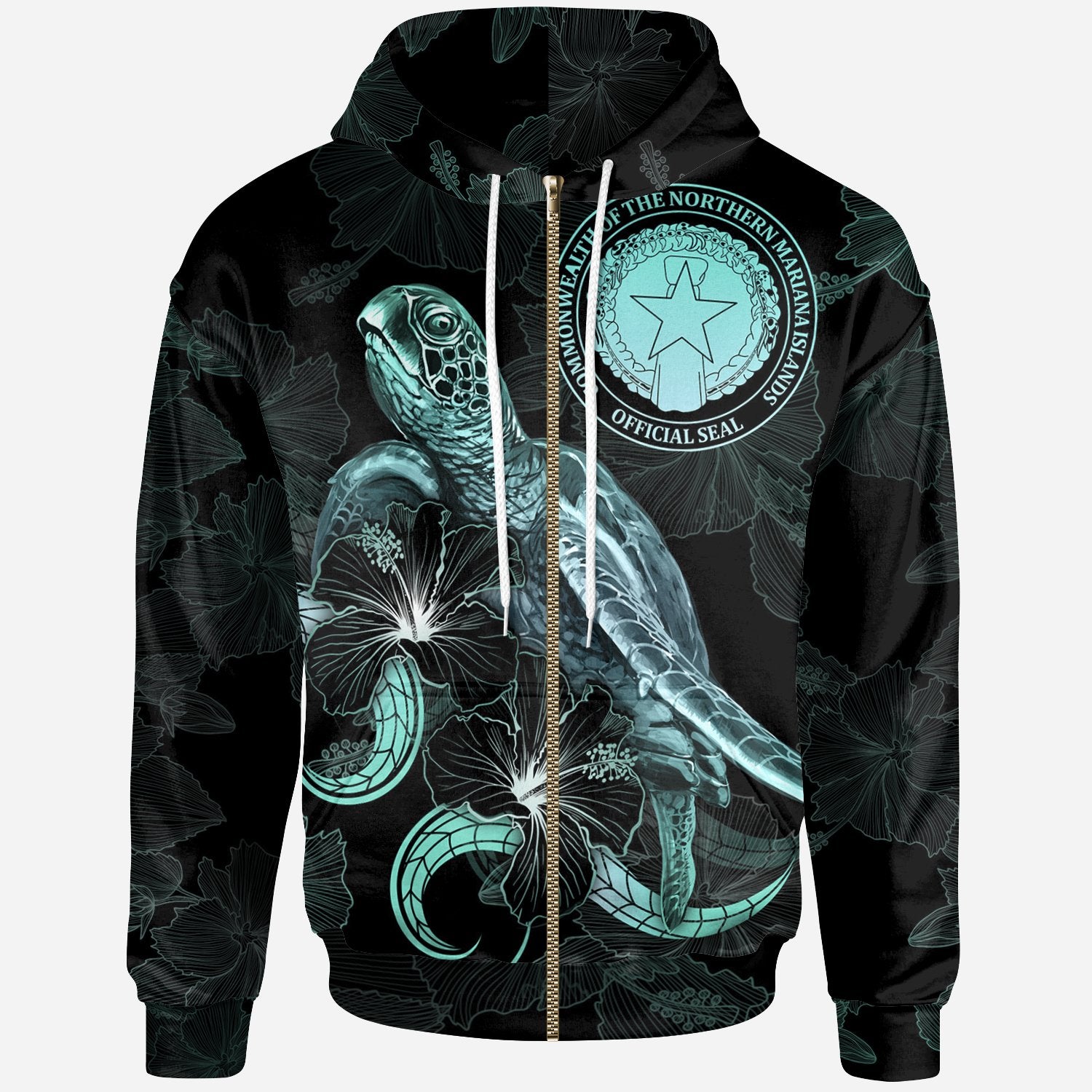 CNMI Polynesian Zip up Hoodie Turtle With Blooming Hibiscus Turquoise Unisex Turquoise - Polynesian Pride