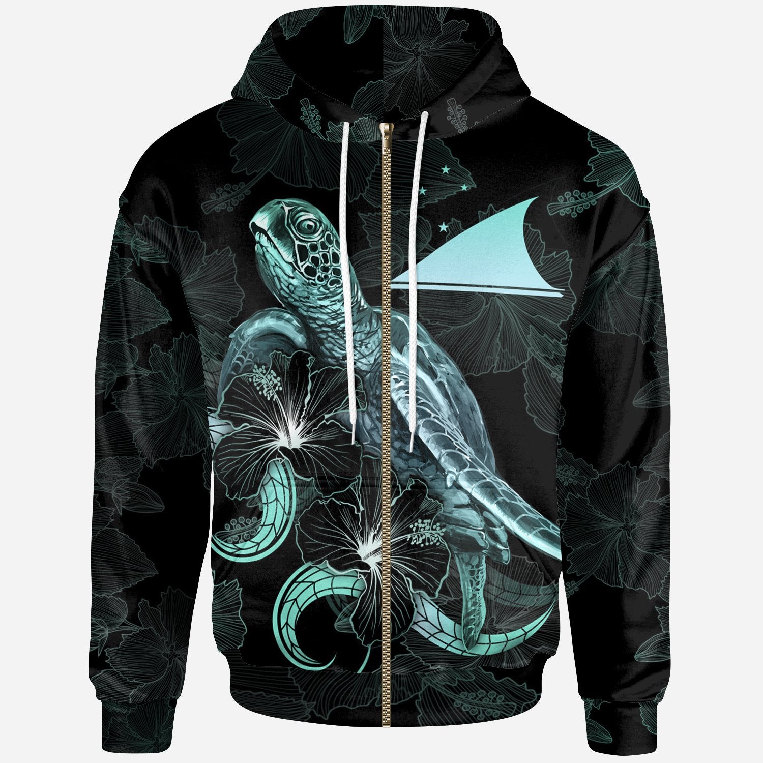 Tokelau Polynesian Zip up Hoodie Turtle With Blooming Hibiscus Turquoise Unisex Turquoise - Polynesian Pride