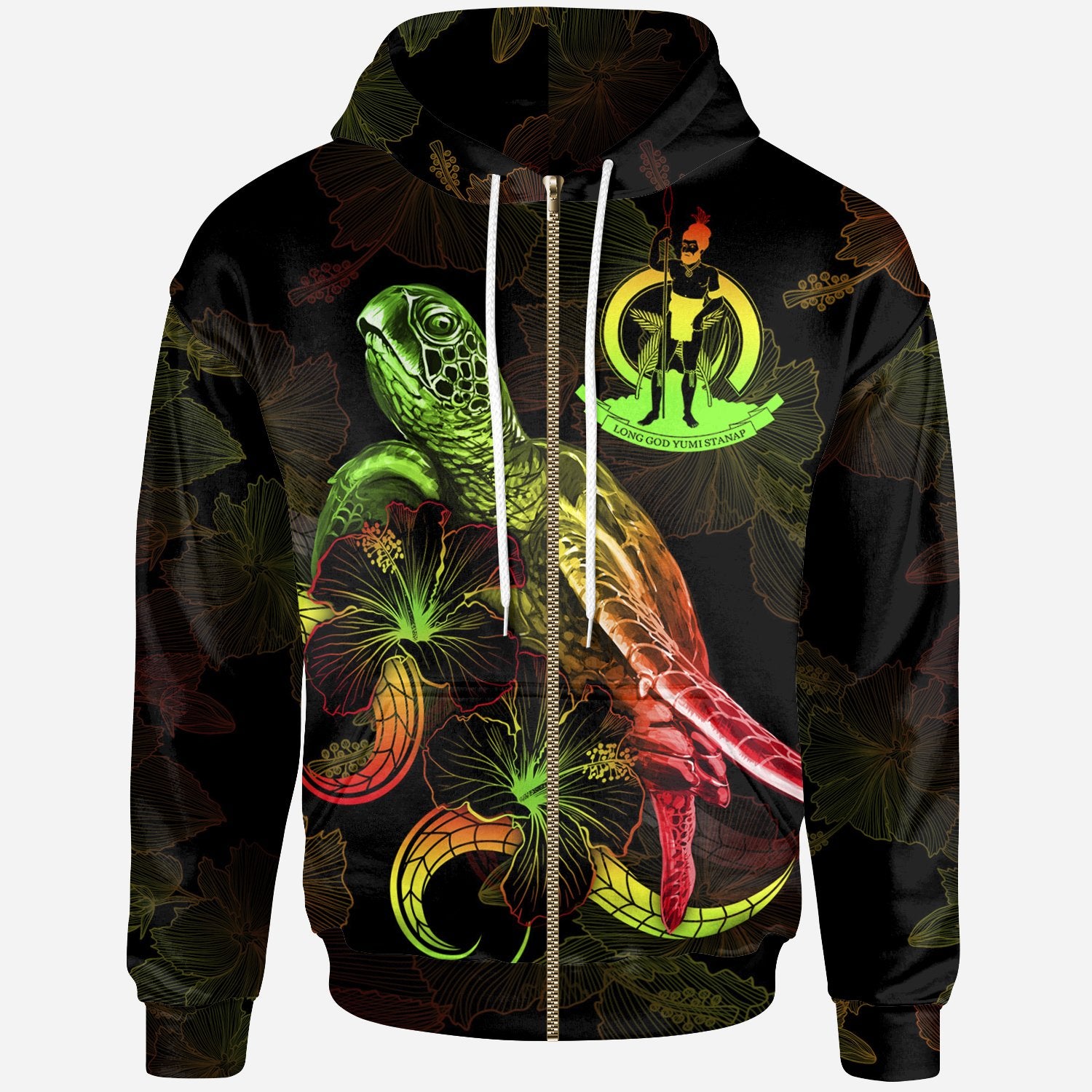 Vanuatu Polynesian Zip up Hoodie Turtle With Blooming Hibiscus Reggae Unisex Reggae - Polynesian Pride