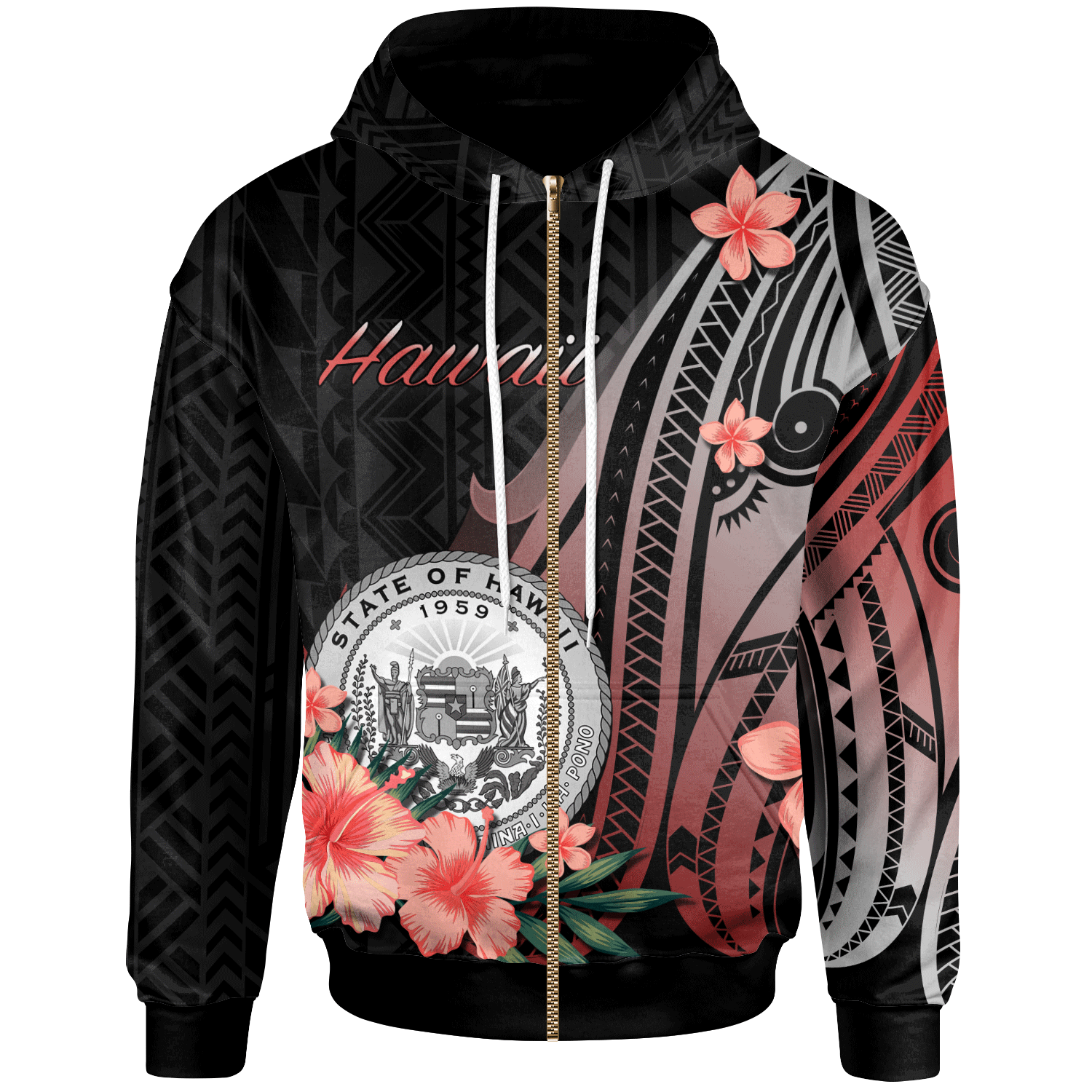 Hawaii Zip Hoodie Red Polynesian Hibiscus Pattern Style Unisex Red - Polynesian Pride