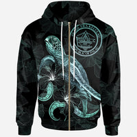 Palau Polynesian Zip up Hoodie Turtle With Blooming Hibiscus Turquoise Unisex Turquoise - Polynesian Pride