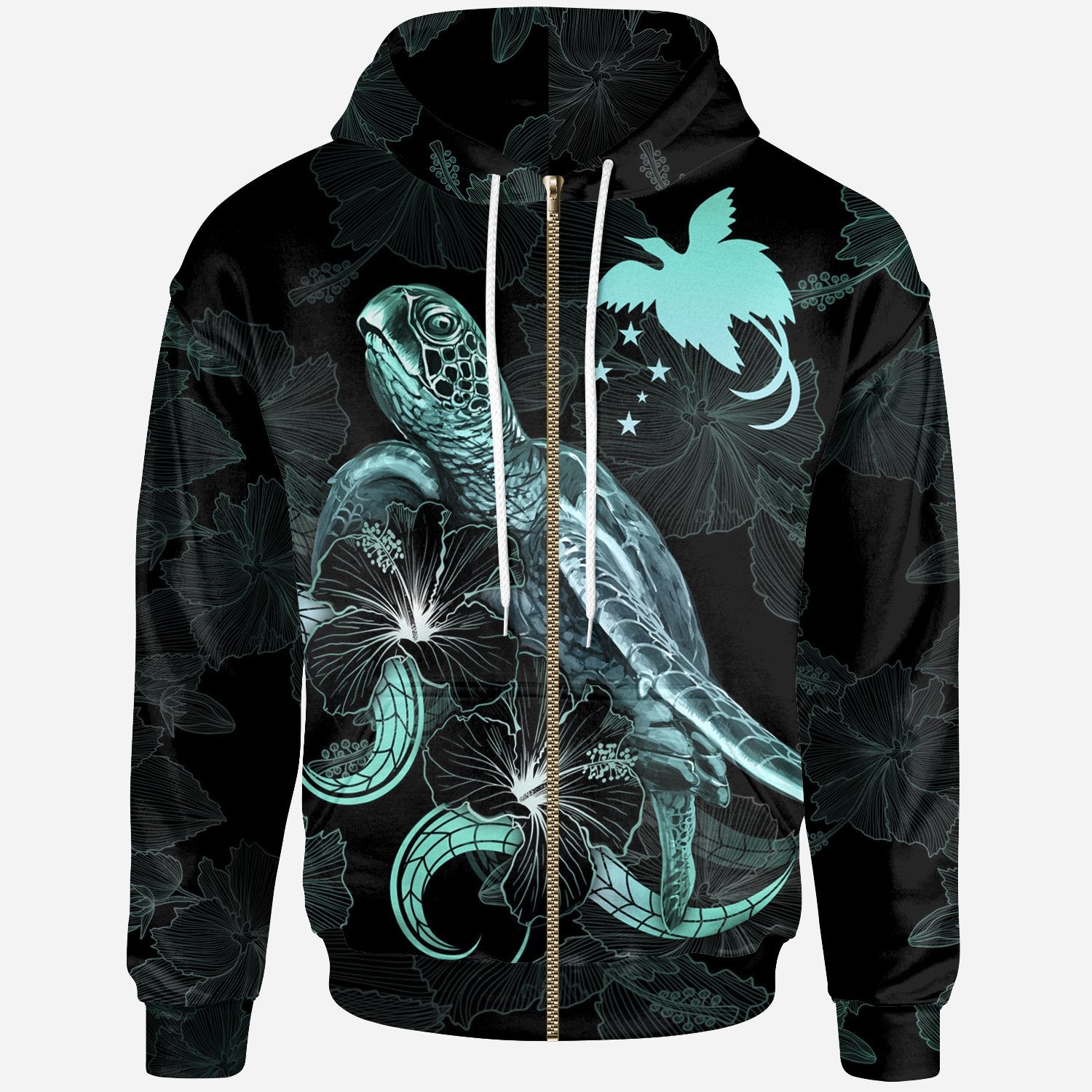 Papua New Guinea Polynesian Zip up Hoodie Turtle With Blooming Hibiscus Turquoise Unisex Turquoise - Polynesian Pride