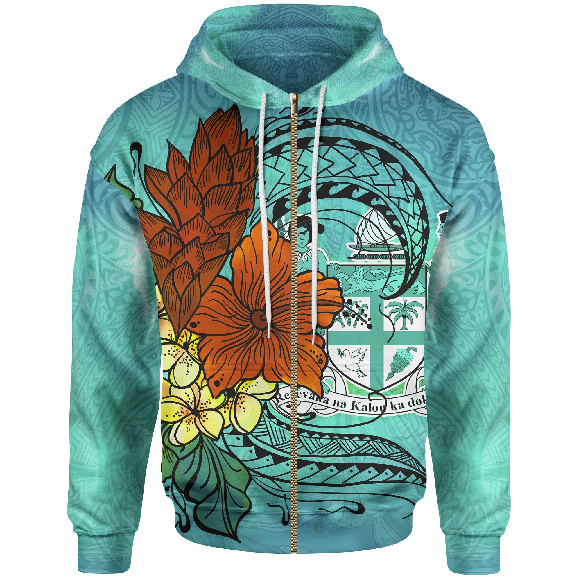 Fiji Zip Hoodie Tropical Flowers Style Unisex Blue - Polynesian Pride