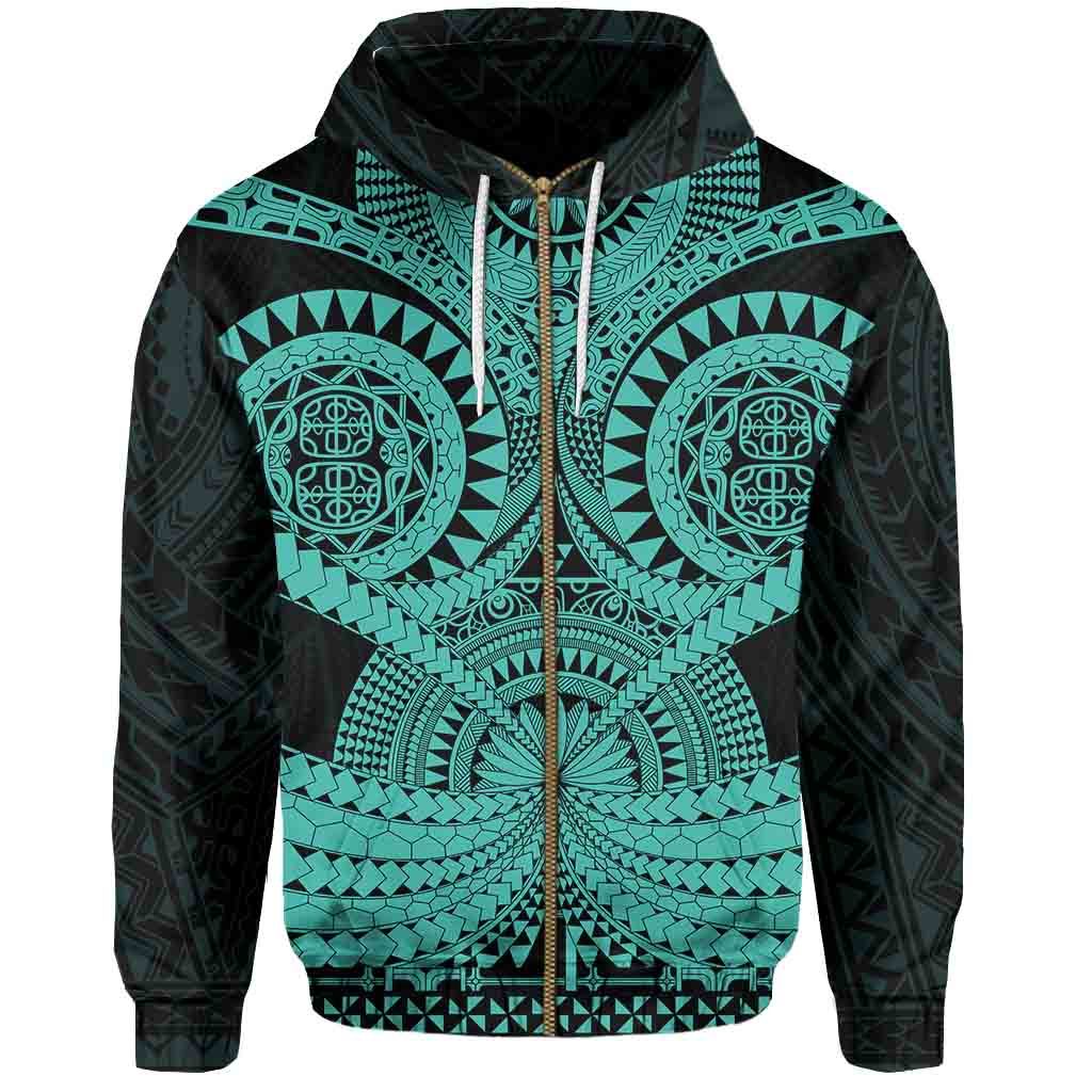 Polynesian Tattoo All Over Print Zip Hoodie Turquoise 2 Unisex Blue - Polynesian Pride